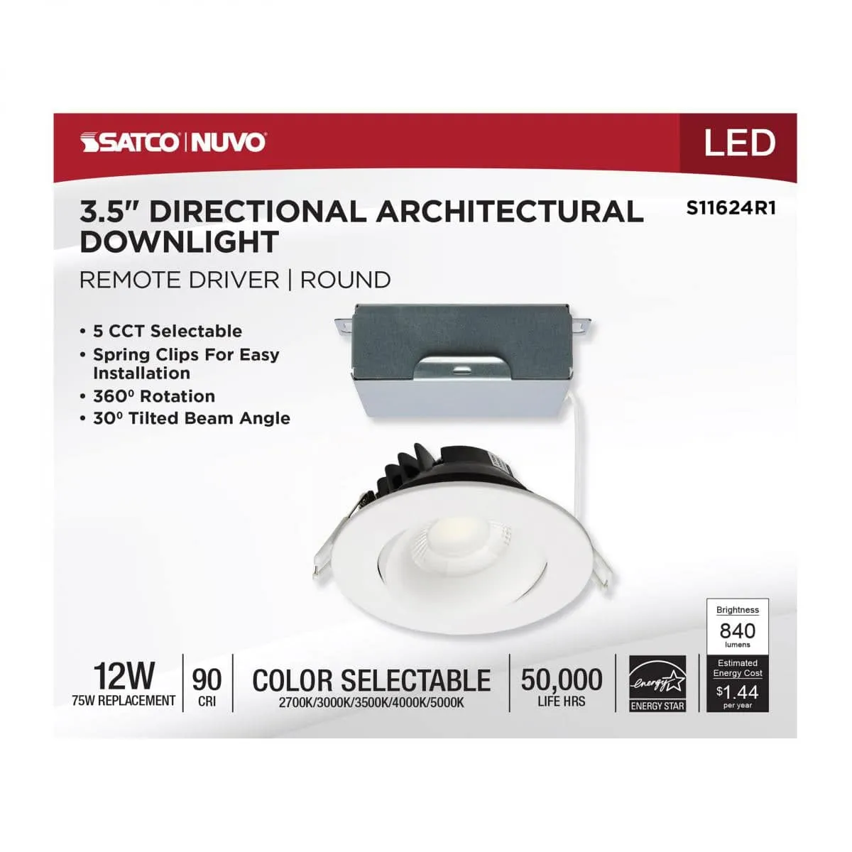 12 Watt LED Direct Wire Downlight; Gimbaled; 3.5 Inch; CCT Selectable; Round