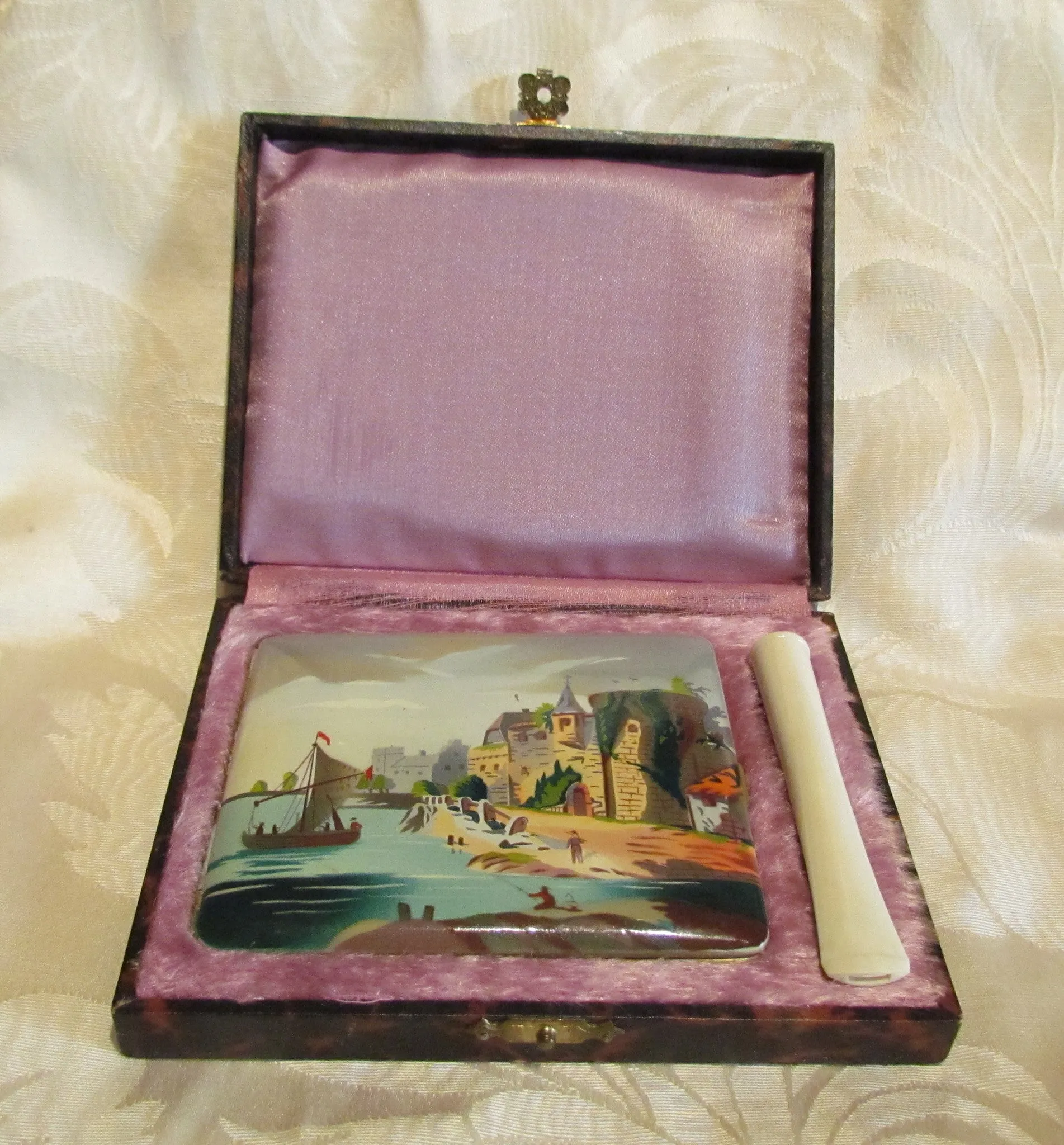 1930s German Enamel Cigarette Case Cigarette Holder Set Boxed