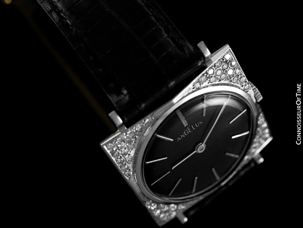 1950's Angelus Vintage Mens Tuxedo Style Watch - 14K White Gold & Diamonds