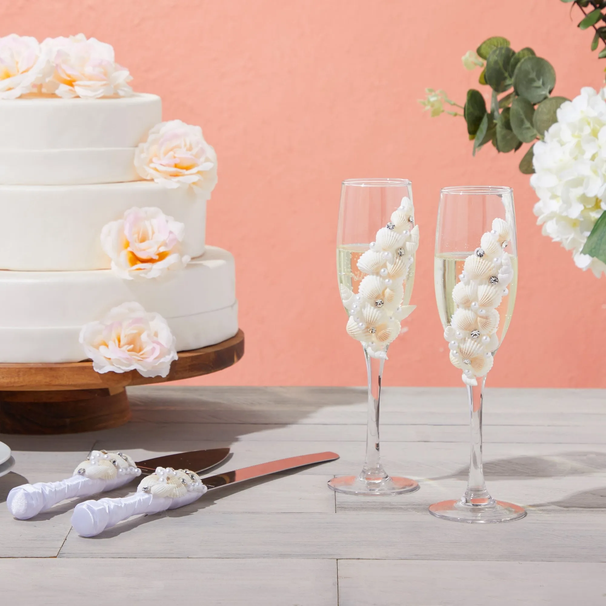 4 Piece Cake Knife and Server Set with Seashell Champagne Glasses for Beach Wedding Decorations