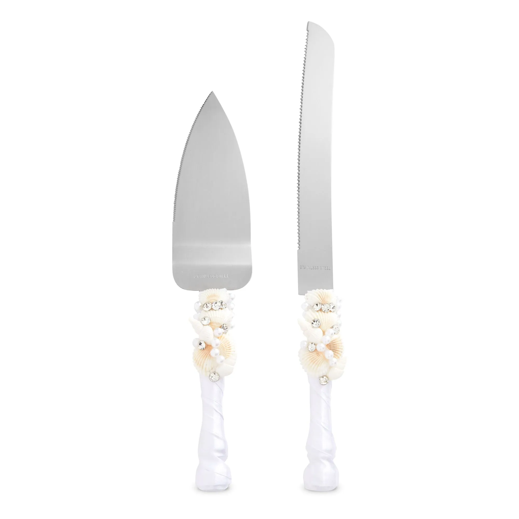 4 Piece Cake Knife and Server Set with Seashell Champagne Glasses for Beach Wedding Decorations