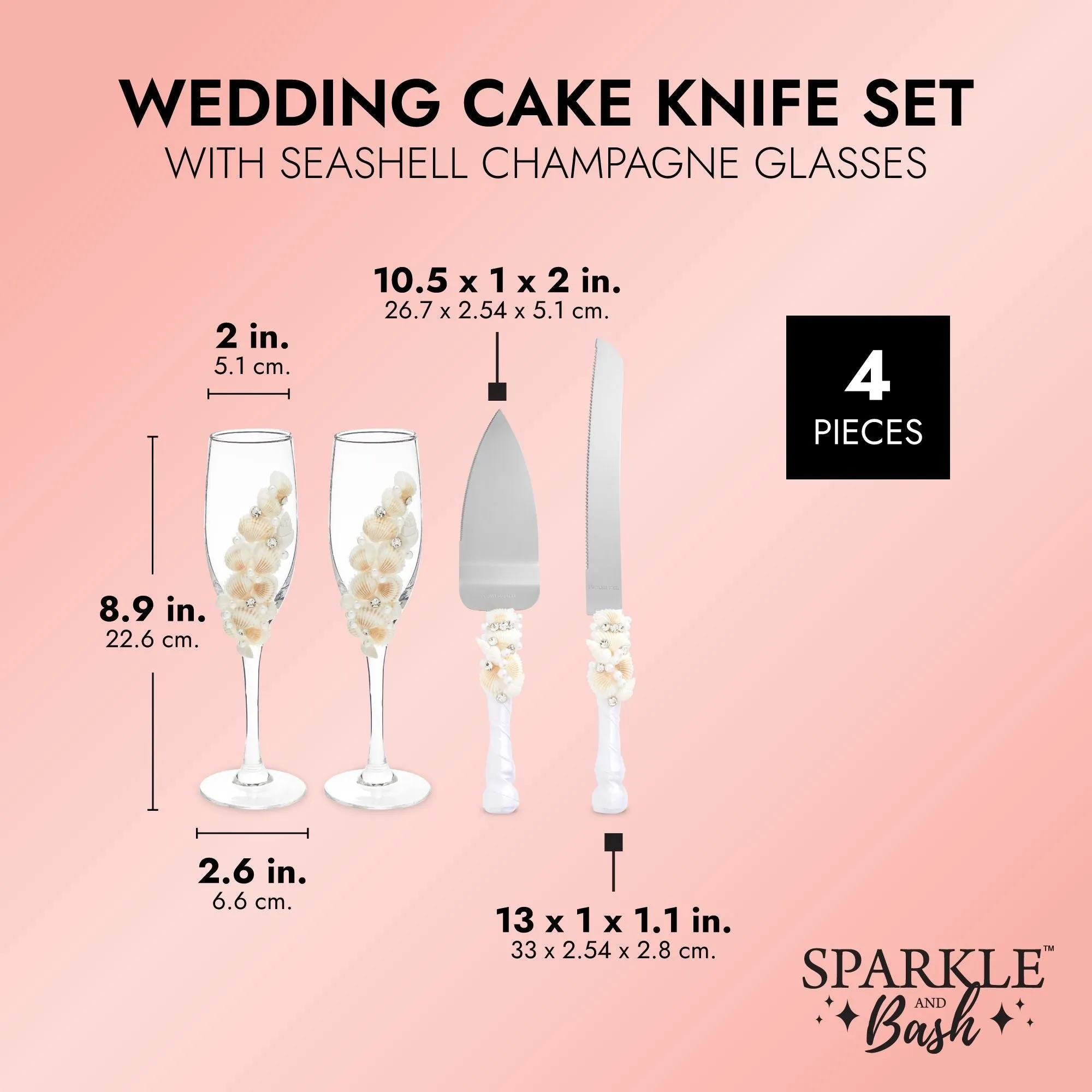 4 Piece Cake Knife and Server Set with Seashell Champagne Glasses for Beach Wedding Decorations