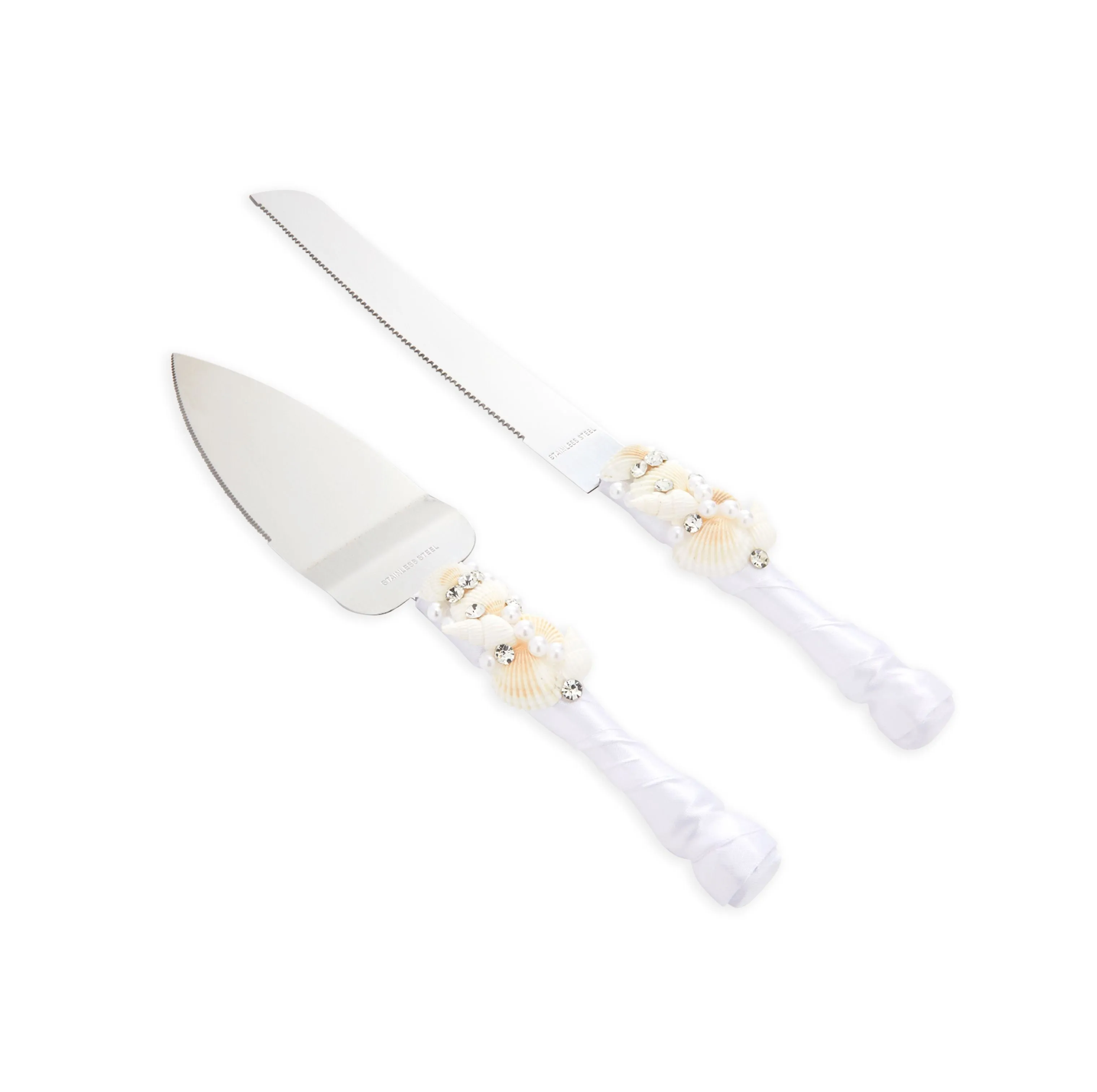 4 Piece Cake Knife and Server Set with Seashell Champagne Glasses for Beach Wedding Decorations