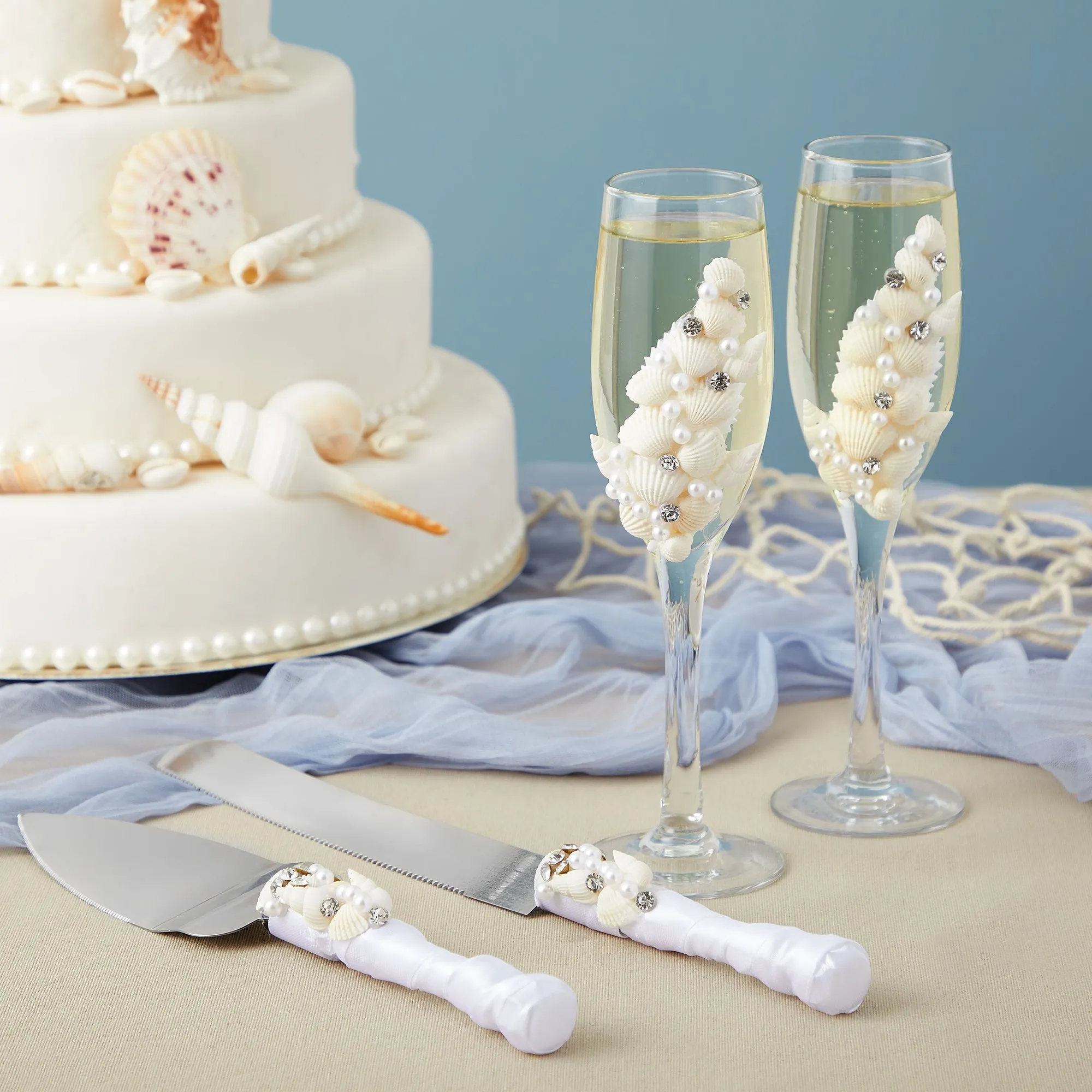 4 Piece Cake Knife and Server Set with Seashell Champagne Glasses for Beach Wedding Decorations