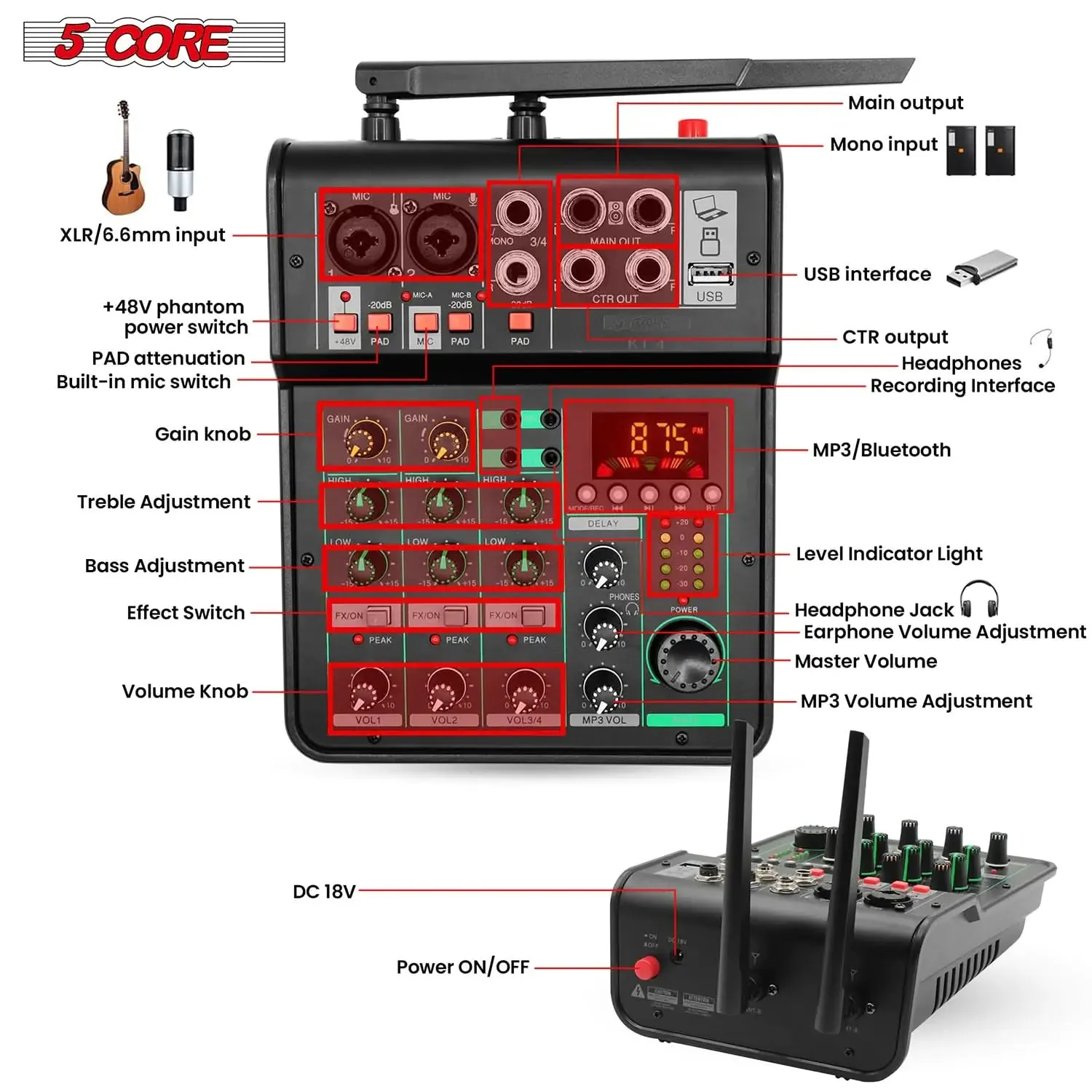 5Core Audio Mixer Sound Board 4 Channel PA DJ Stereo Receiver w Bluetooth USB DJ  PA Karaoke Mixing GOLD