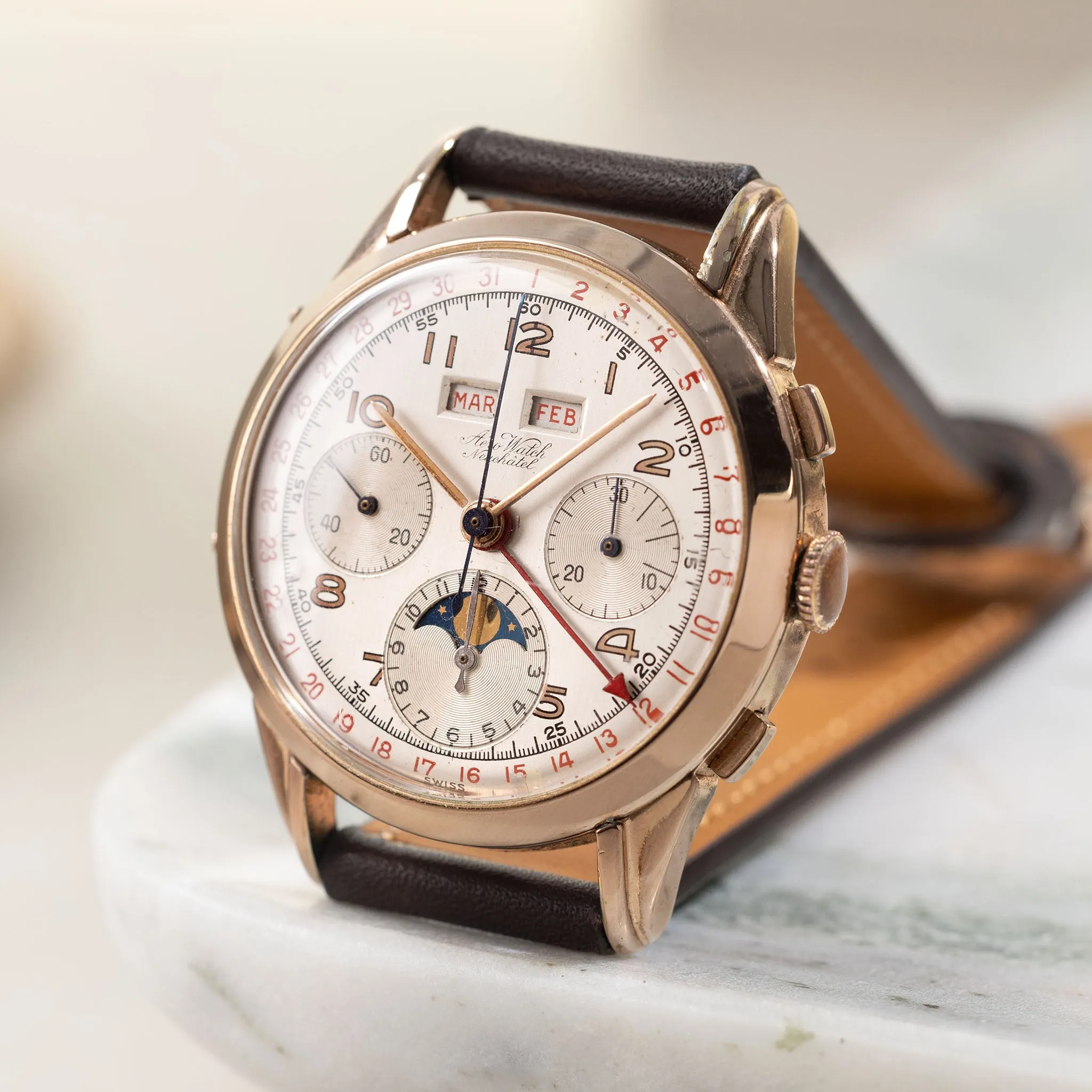 Aero Watch Triple Date Chronograph "Dato-Compax" in 14k Pink Gold