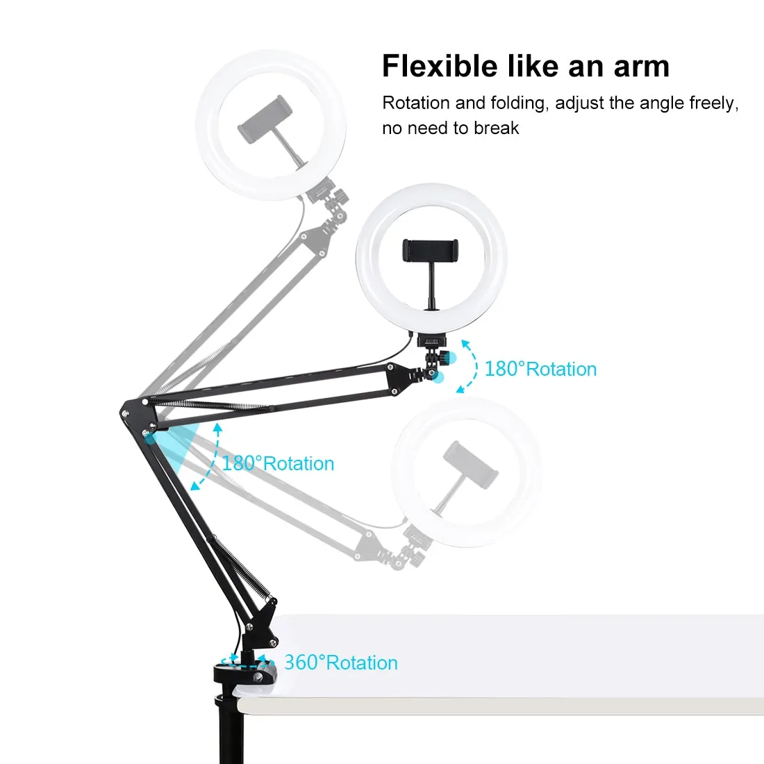 AMZER Live Broadcast Kits Desktop Arm Stand USB 3 Modes Dimmable Dual Color Temperature LED   7.9 inch 20cm Ring Curved Light with Phone Clamp - pack of 2