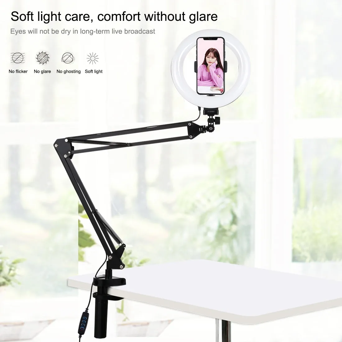 AMZER Live Broadcast Kits Desktop Arm Stand USB 3 Modes Dimmable Dual Color Temperature LED   7.9 inch 20cm Ring Curved Light with Phone Clamp - pack of 2