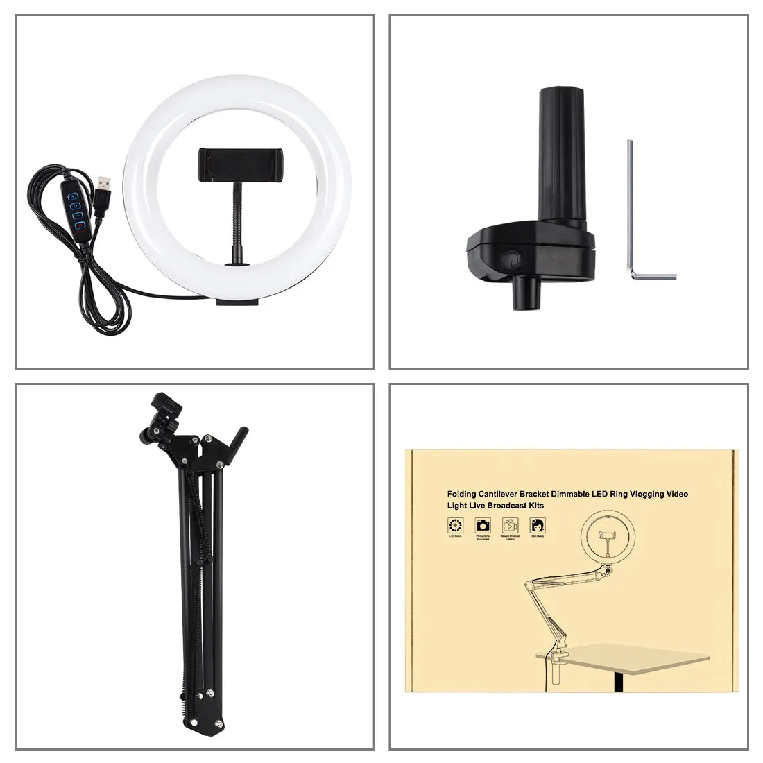 AMZER Live Broadcast Kits Desktop Arm Stand USB 3 Modes Dimmable Dual Color Temperature LED   7.9 inch 20cm Ring Curved Light with Phone Clamp - pack of 2