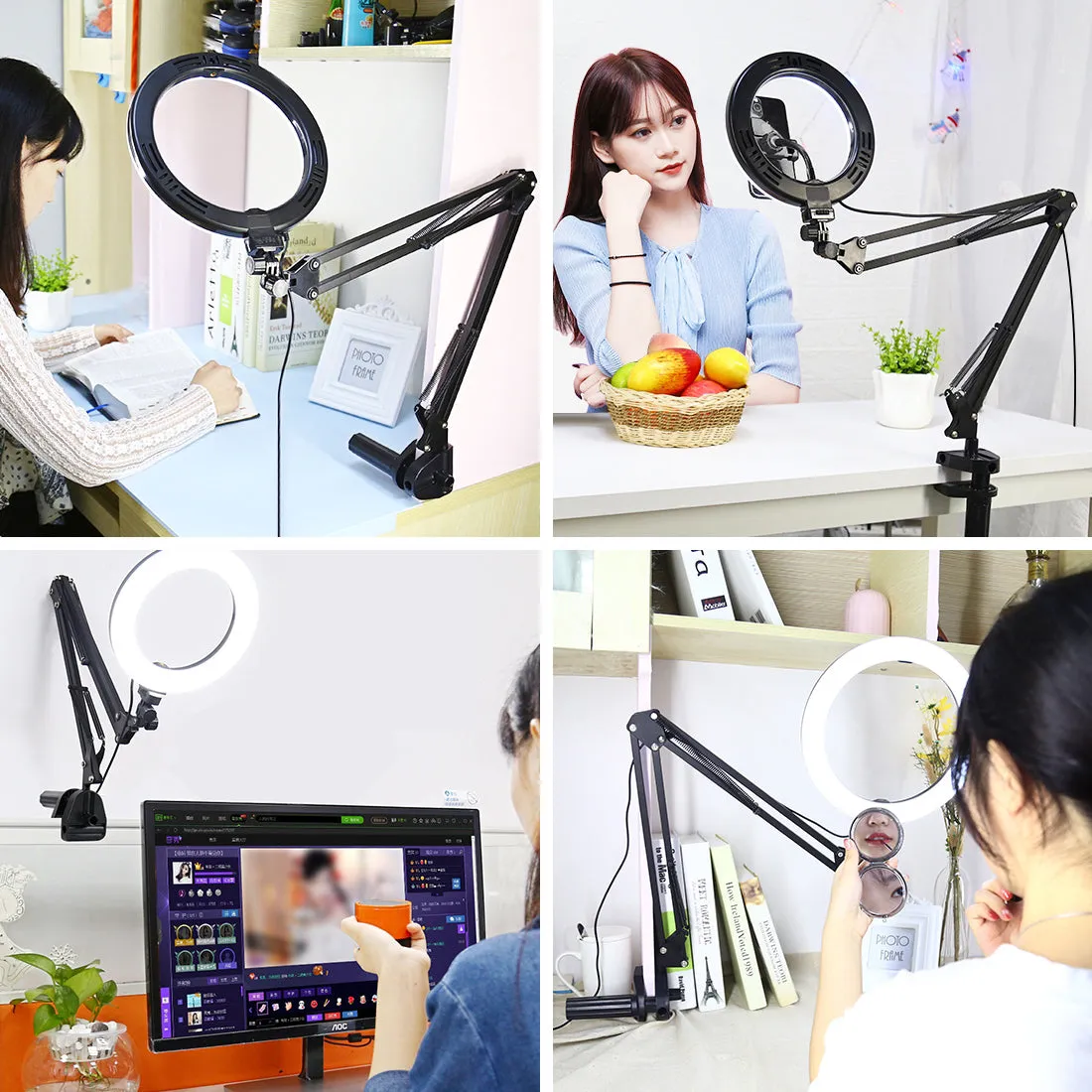 AMZER Live Broadcast Kits Desktop Arm Stand USB 3 Modes Dimmable Dual Color Temperature LED   7.9 inch 20cm Ring Curved Light with Phone Clamp - pack of 2