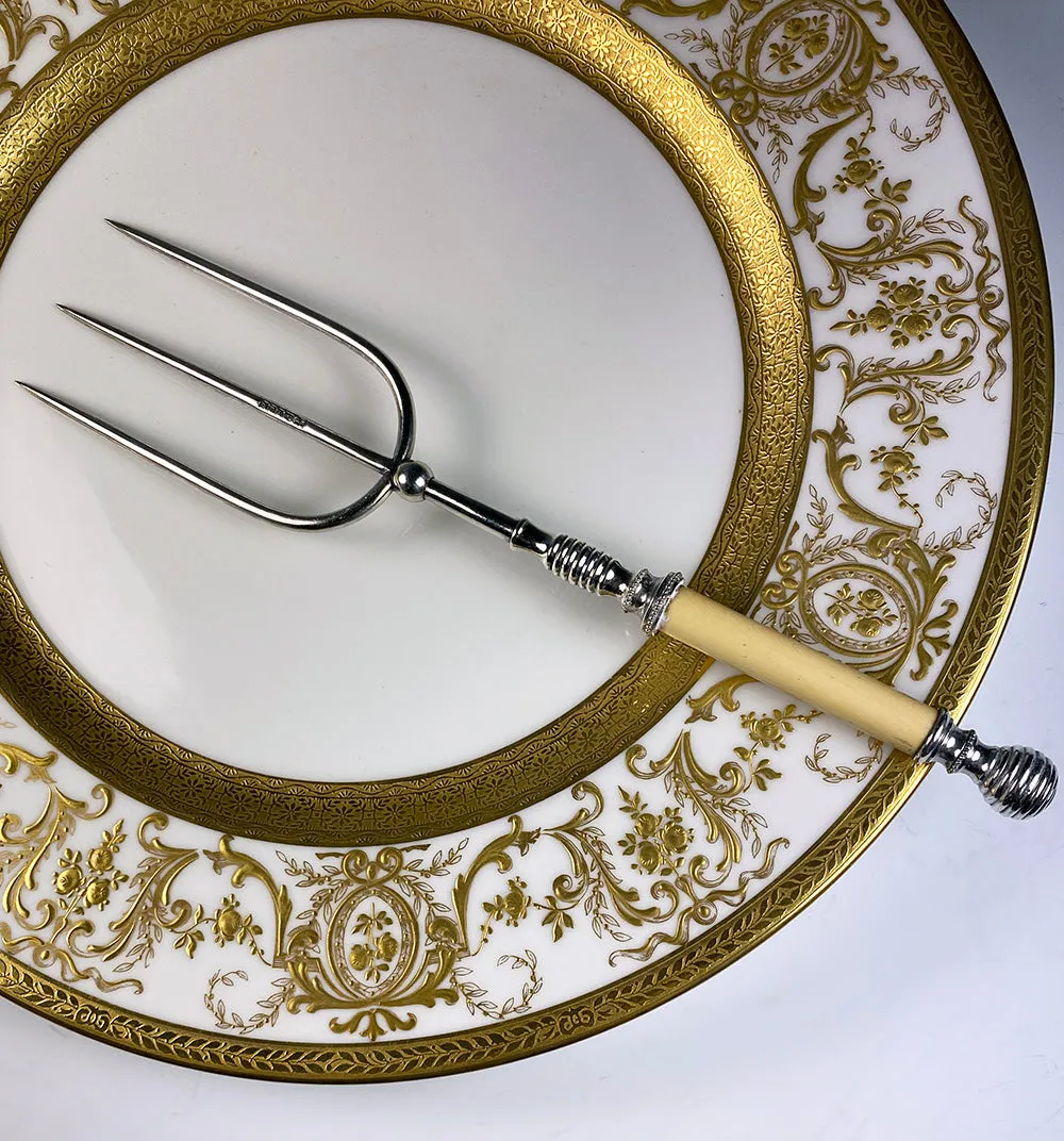 Antique English Silver Plate and Ivory Bread Serving Fork, Edwardian to Victorian