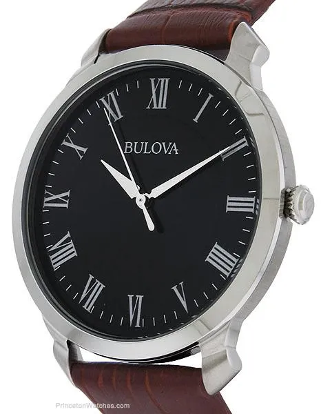 Bulova Mens Classic Watch - Black Dial - Stainless Steel - Brown Leather Strap