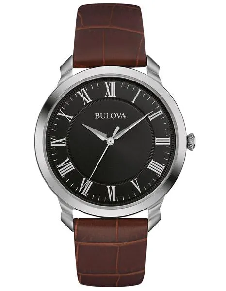 Bulova Mens Classic Watch - Black Dial - Stainless Steel - Brown Leather Strap