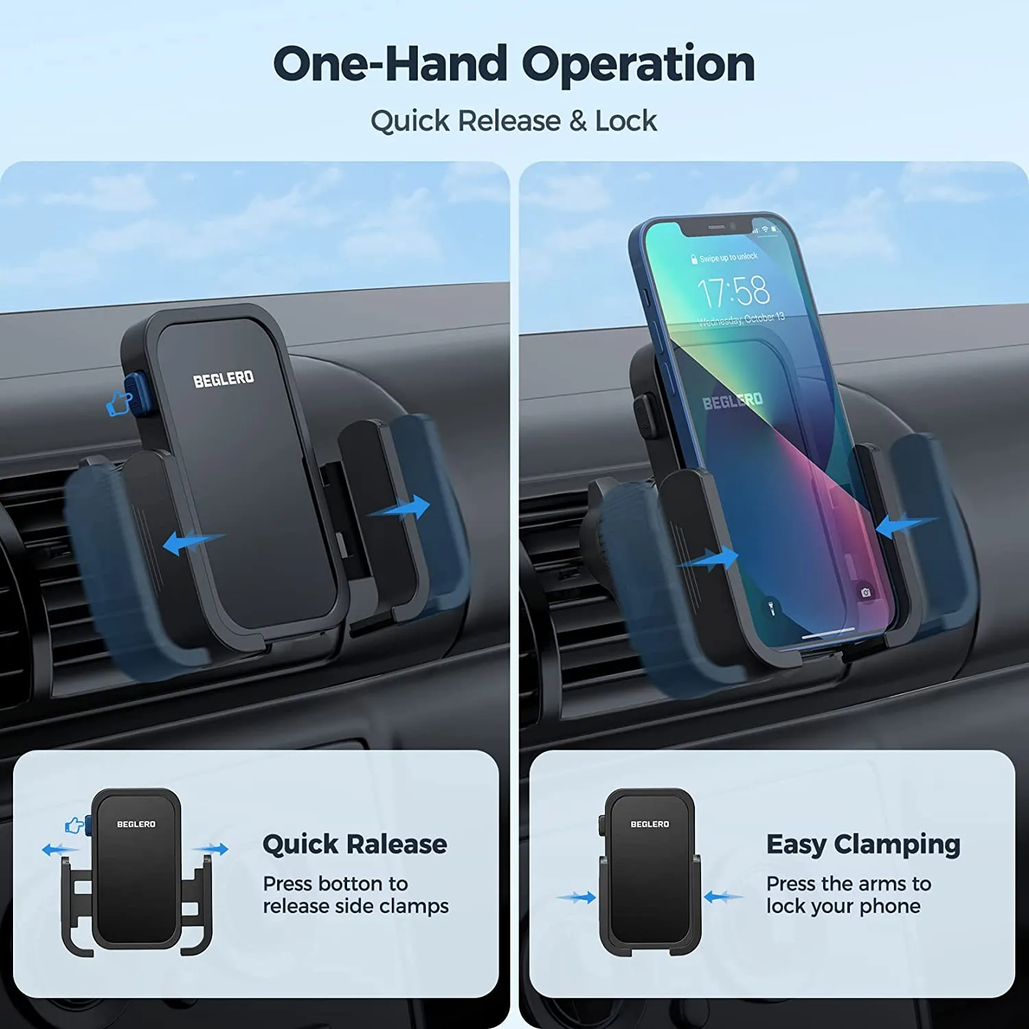 Car Phone Holder Mount, Car Vent Phone Mount, 3 Sides Full Wrap Clamp Arm&Hook Vent Clip, Big Car Phone Holder  Under 7.0"&Thick Cases