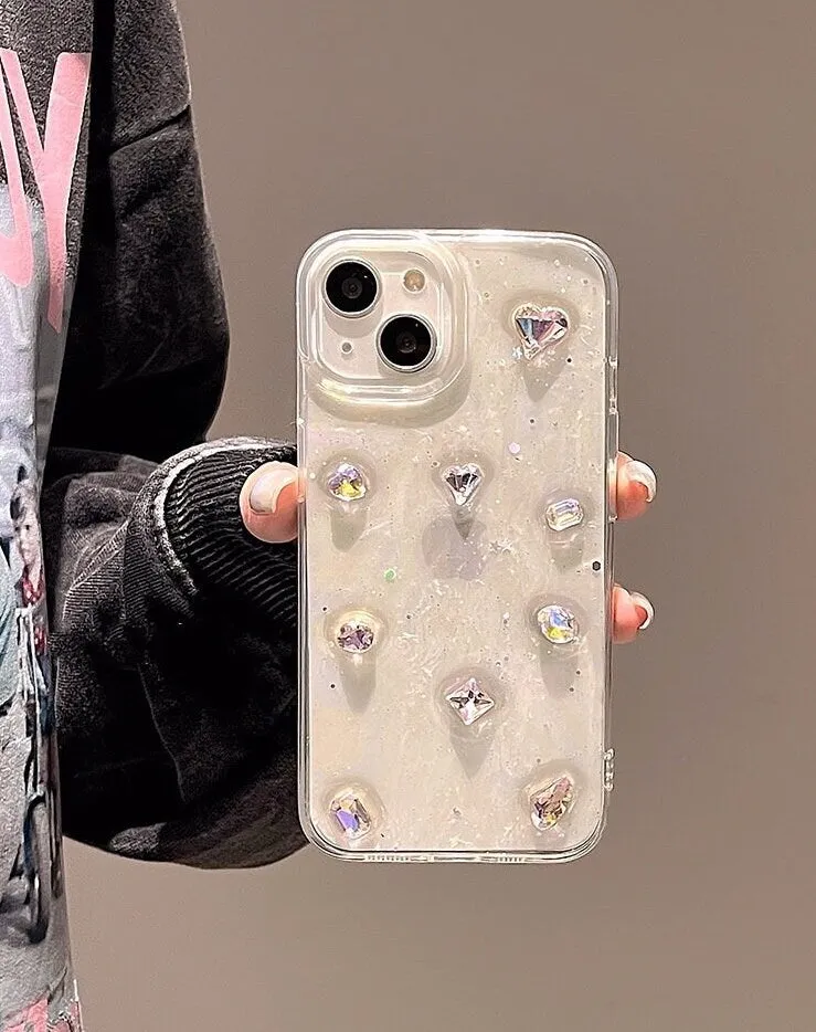 Cute Clear Glitter Heart Rhinestone Diamond Studded Bling Design Protective Shockproof Phone Case for iPhone 11 12 13 14 15 Pro Max Case