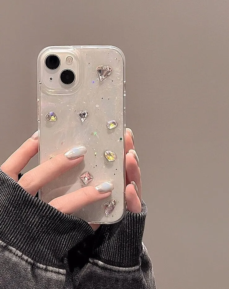 Cute Clear Glitter Heart Rhinestone Diamond Studded Bling Design Protective Shockproof Phone Case for iPhone 11 12 13 14 15 Pro Max Case