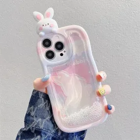 Cute Kawaii Pink & White Bunny Liquid Glitter Design Protective Thick Bulky Shockproof iPhone Case for iPhone 11 12 13 14 15 Pro Max Case