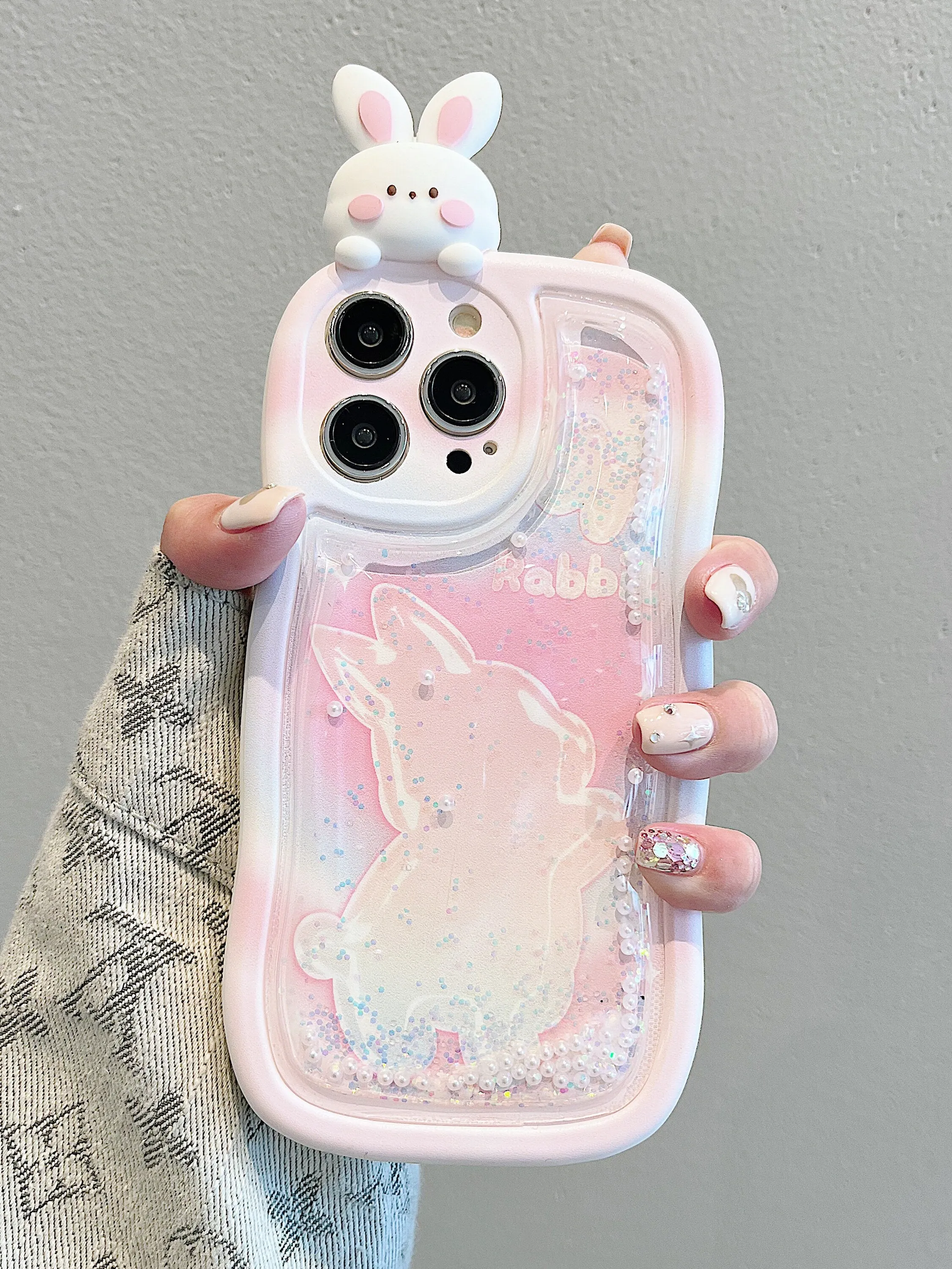 Cute Kawaii Pink & White Bunny Liquid Glitter Design Protective Thick Bulky Shockproof iPhone Case for iPhone 11 12 13 14 15 Pro Max Case