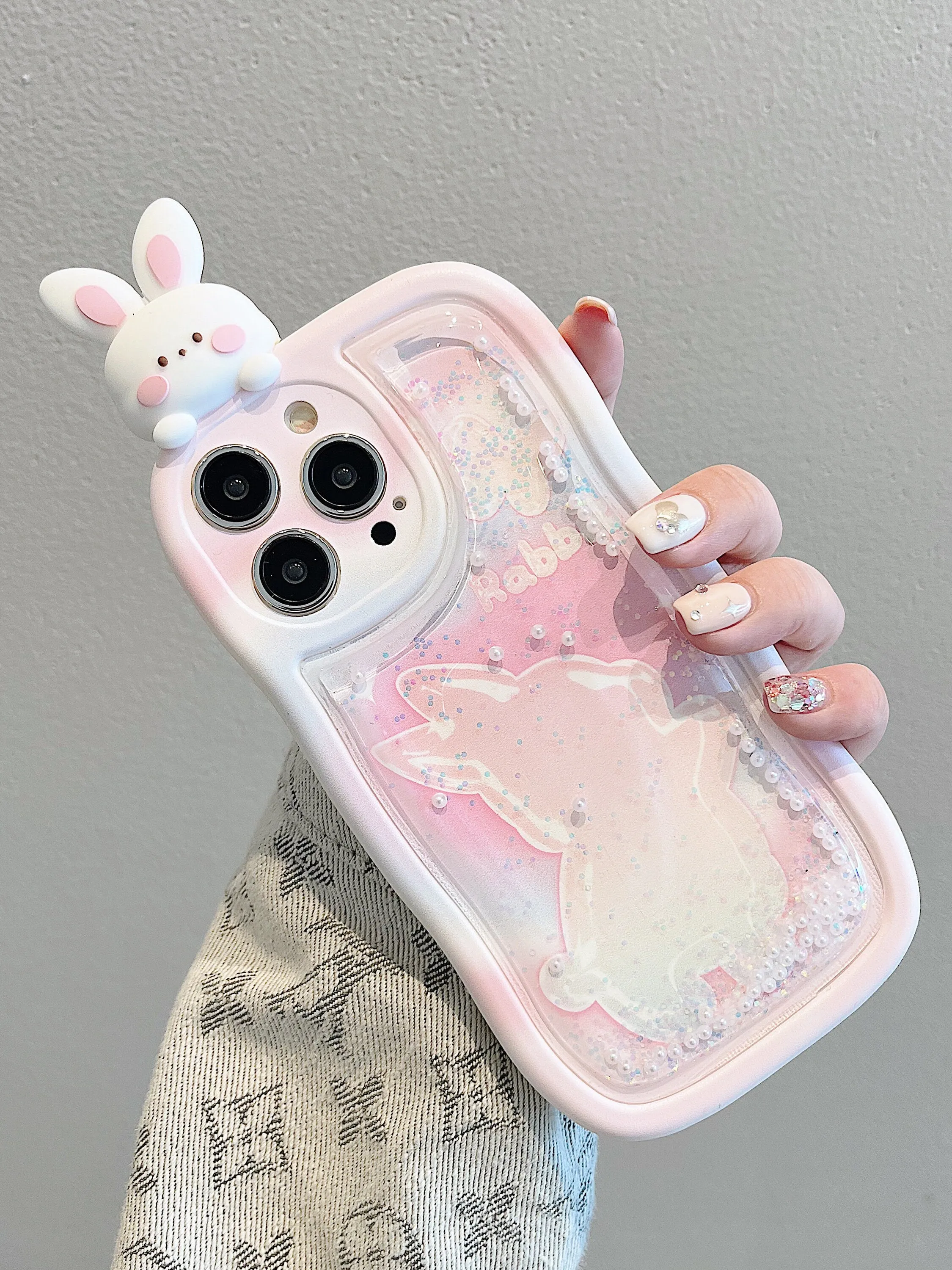 Cute Kawaii Pink & White Bunny Liquid Glitter Design Protective Thick Bulky Shockproof iPhone Case for iPhone 11 12 13 14 15 Pro Max Case