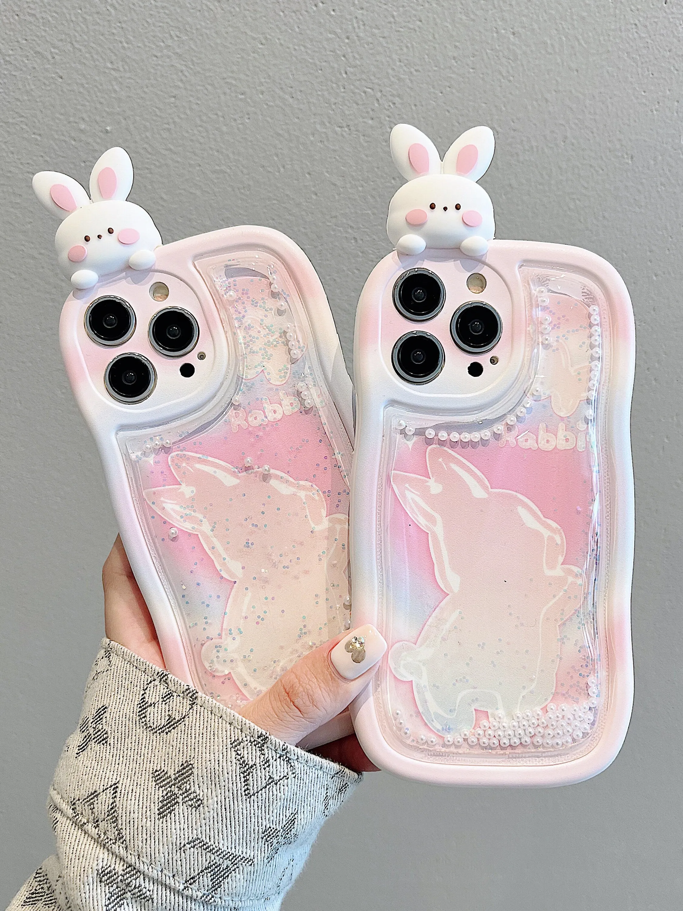 Cute Kawaii Pink & White Bunny Liquid Glitter Design Protective Thick Bulky Shockproof iPhone Case for iPhone 11 12 13 14 15 Pro Max Case