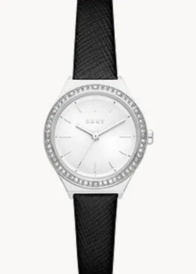 DKNY PARSONS CRYSTAL SET SILVER DIAL BLACK LEATHER BAND NY6610