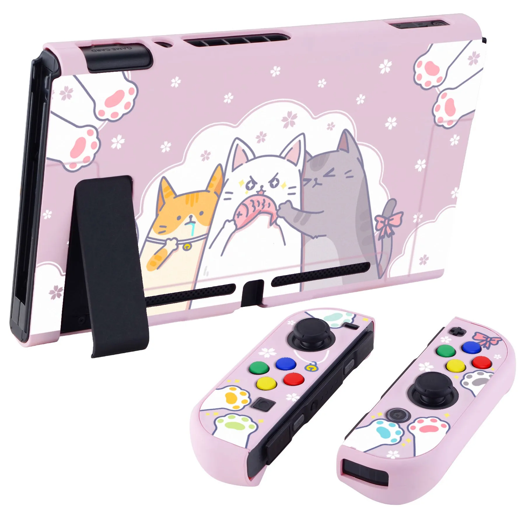 eXtremeRate PlayVital Hungry Kitties Back Cover for NS Switch Console, NS Joycon Handheld Controller Separable Protector Hard Shell, Dockable Protective Case with Colorful ABXY Direction Button Caps - NTT112