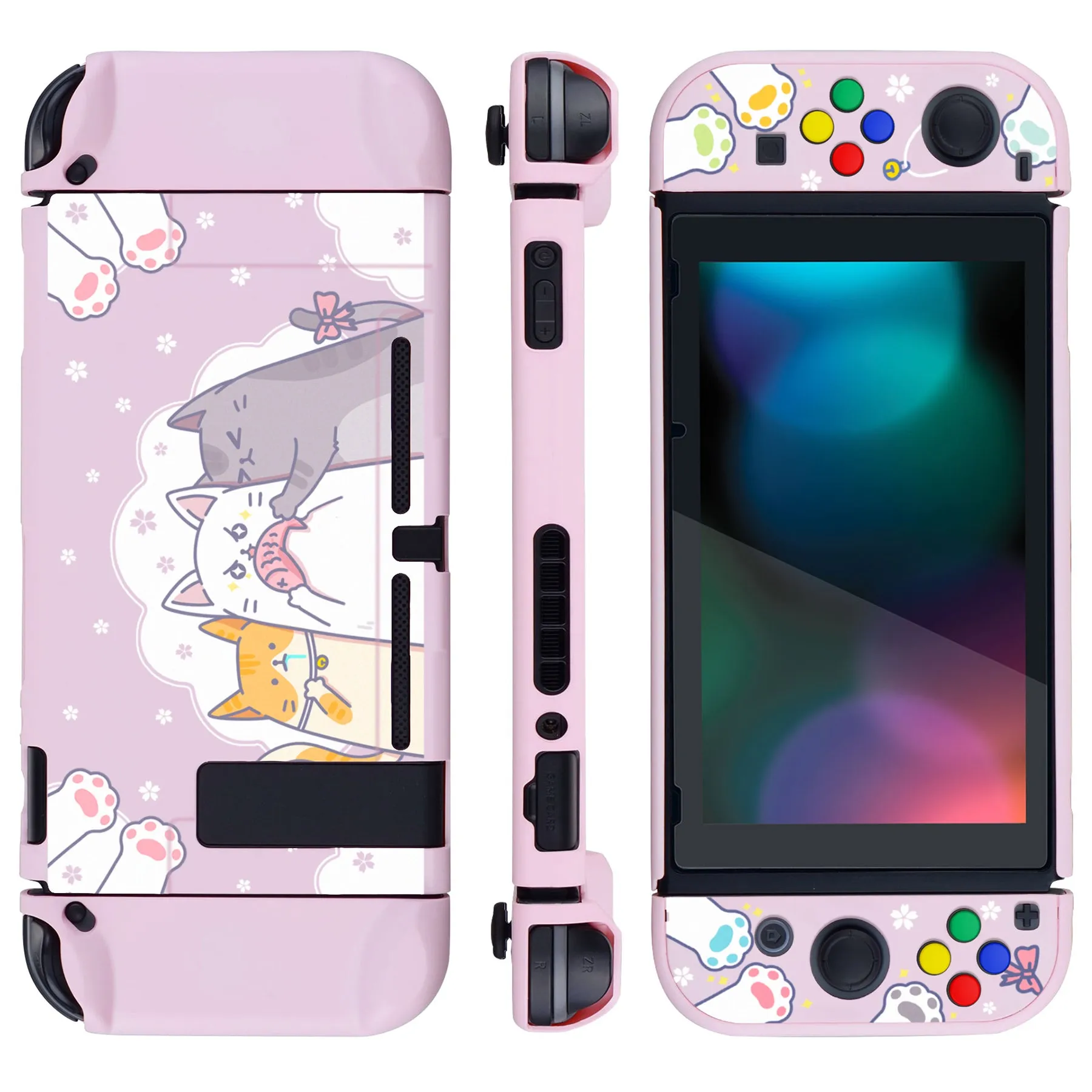 eXtremeRate PlayVital Hungry Kitties Back Cover for NS Switch Console, NS Joycon Handheld Controller Separable Protector Hard Shell, Dockable Protective Case with Colorful ABXY Direction Button Caps - NTT112