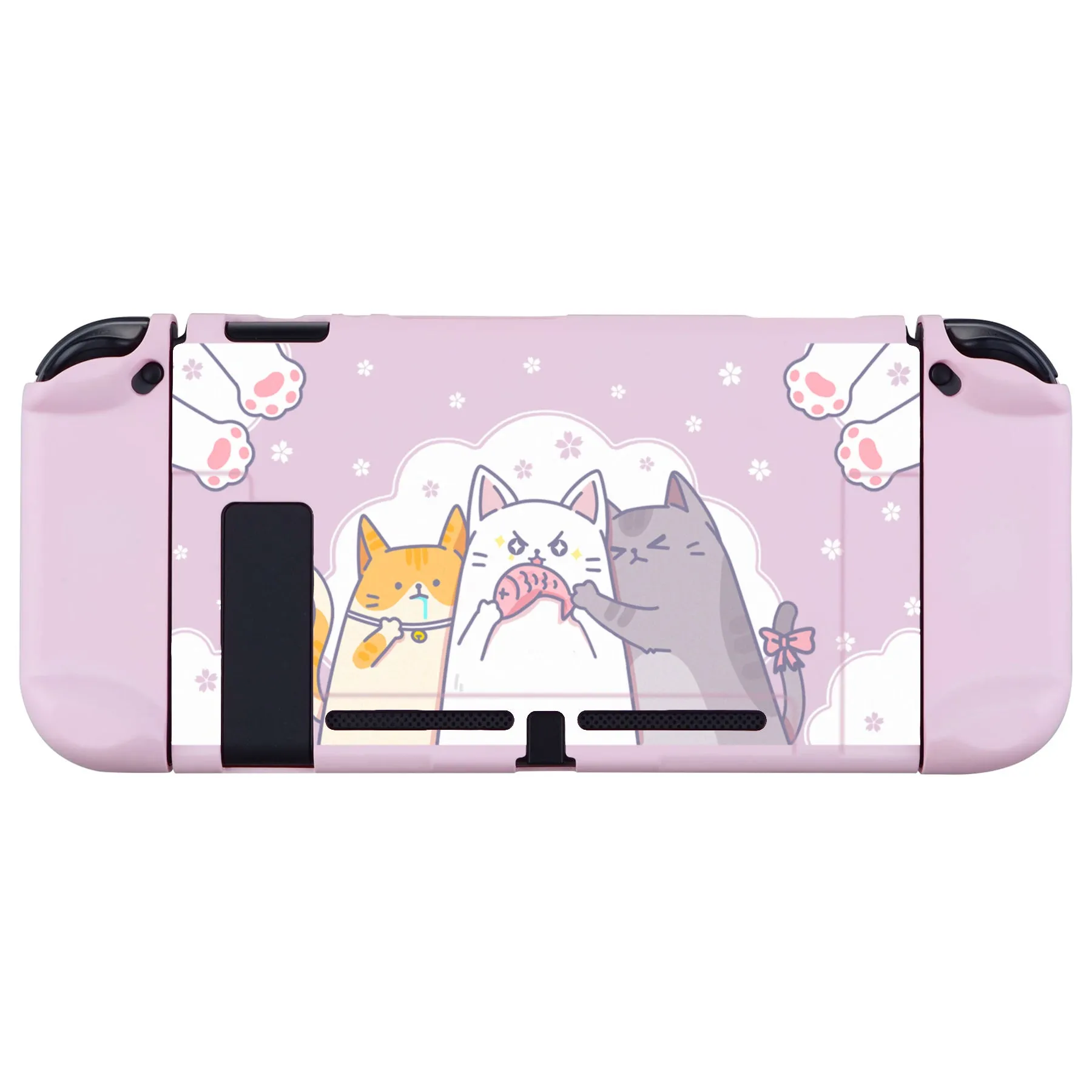 eXtremeRate PlayVital Hungry Kitties Back Cover for NS Switch Console, NS Joycon Handheld Controller Separable Protector Hard Shell, Dockable Protective Case with Colorful ABXY Direction Button Caps - NTT112