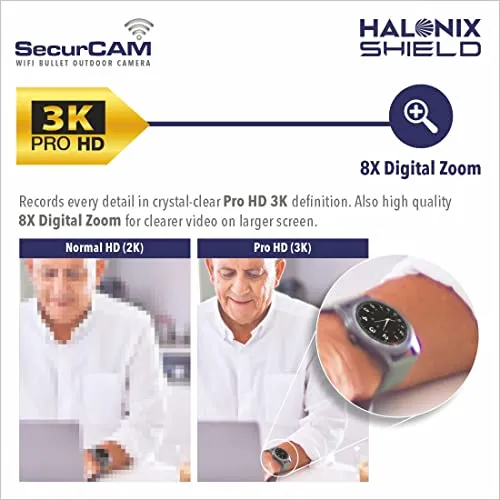 Halonix SecurCAM Wireless 3MP 3K Pro HD Wi-Fi Smart Home Security Bullet Camera| 8X Digital Zoom| 25 Meter Range| 2-Way Audio| Coloured Night Vision| IP66 All Weather | Live View | Intruder Alert