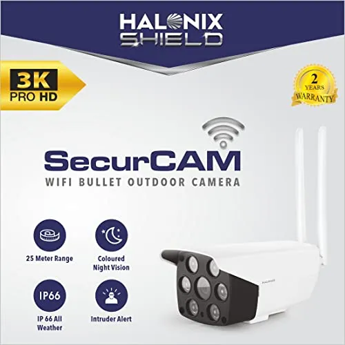 Halonix SecurCAM Wireless 3MP 3K Pro HD Wi-Fi Smart Home Security Bullet Camera| 8X Digital Zoom| 25 Meter Range| 2-Way Audio| Coloured Night Vision| IP66 All Weather | Live View | Intruder Alert