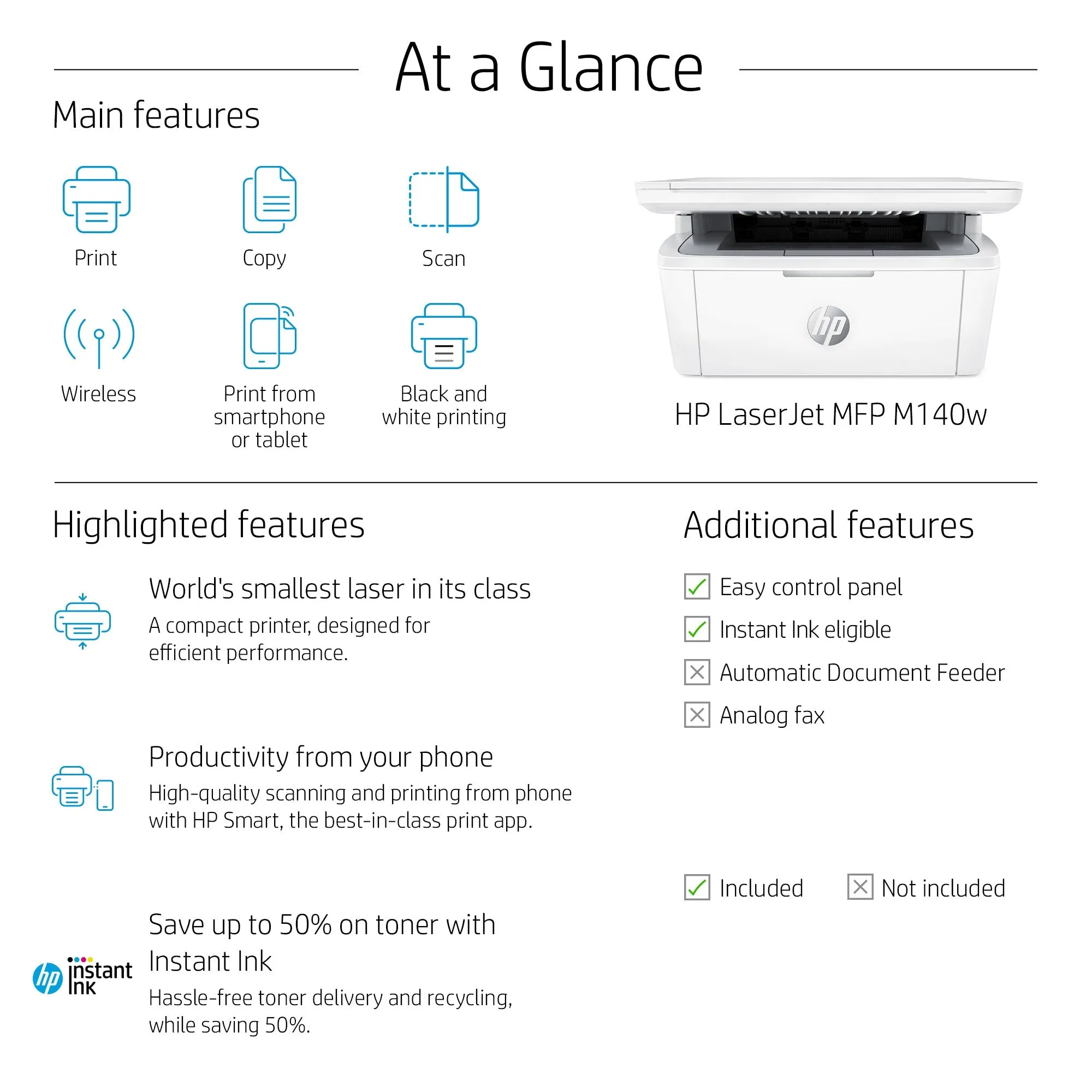 HP LaserJet MFP M140w Printer, Black and white, Printer for Small office, Print, copy, scan, Scan to email; Scan to PDF; Compact Size