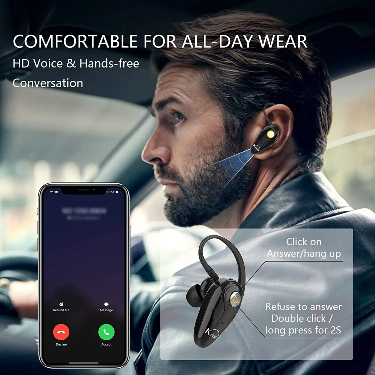 Kendir Bluetooth Headset, V5.0 Ultralight Wireless Headphone Cell Phone Earpiece with Mic Headsetcase,Volume Control, Handsfree Earbud,Compatible with Android/Iphone/Smartphones/Laptop