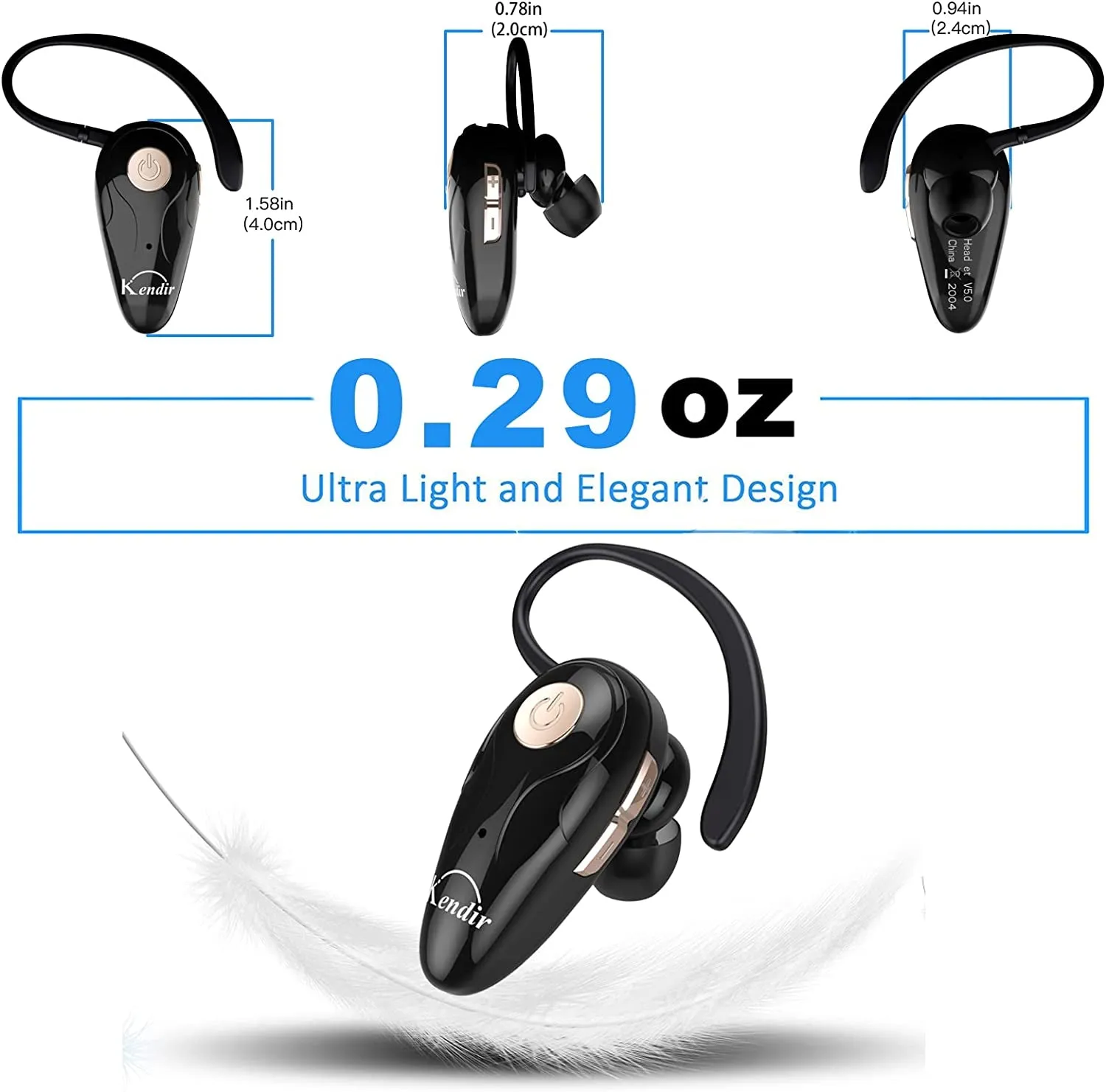 Kendir Bluetooth Headset, V5.0 Ultralight Wireless Headphone Cell Phone Earpiece with Mic Headsetcase,Volume Control, Handsfree Earbud,Compatible with Android/Iphone/Smartphones/Laptop