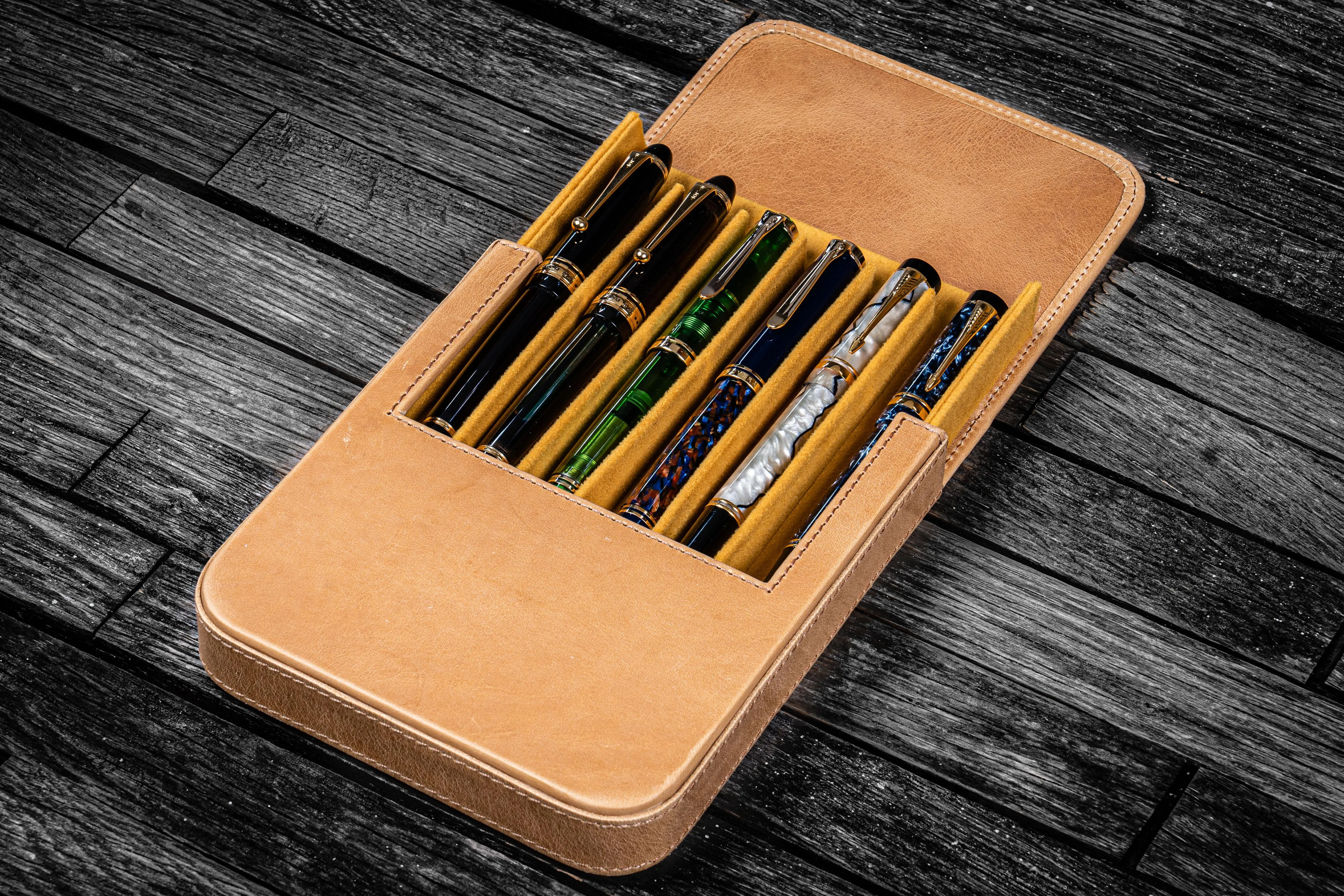 Leather Magnum Opus 6 Slots Hard Pen Case with Removable Pen Tray - Crazy Horse Honey Ochre