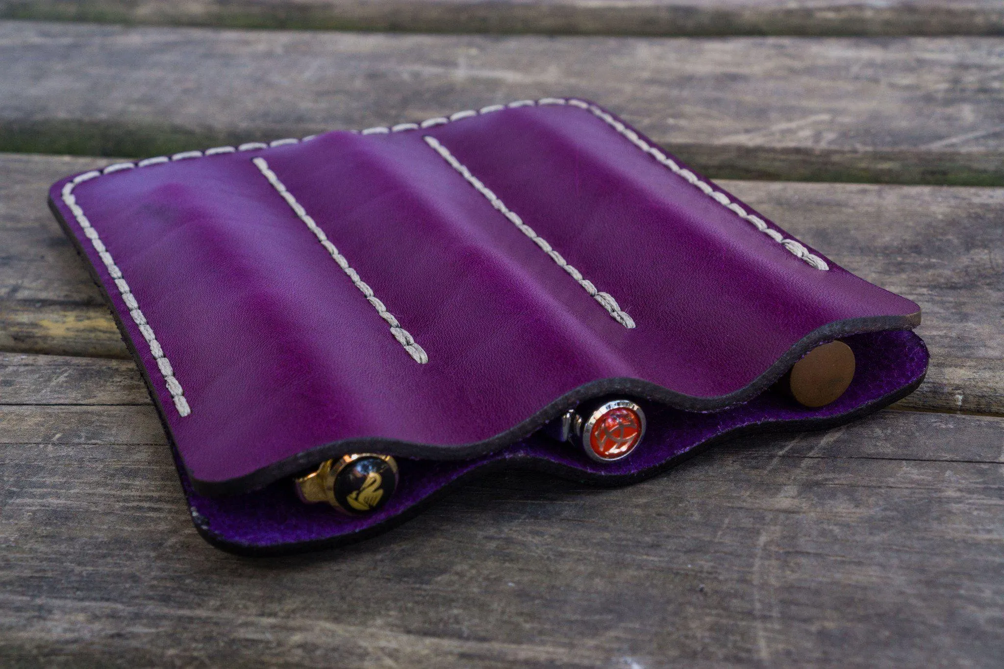 Leather Triple Fountain Pen Case / Pen Pouch - Purple