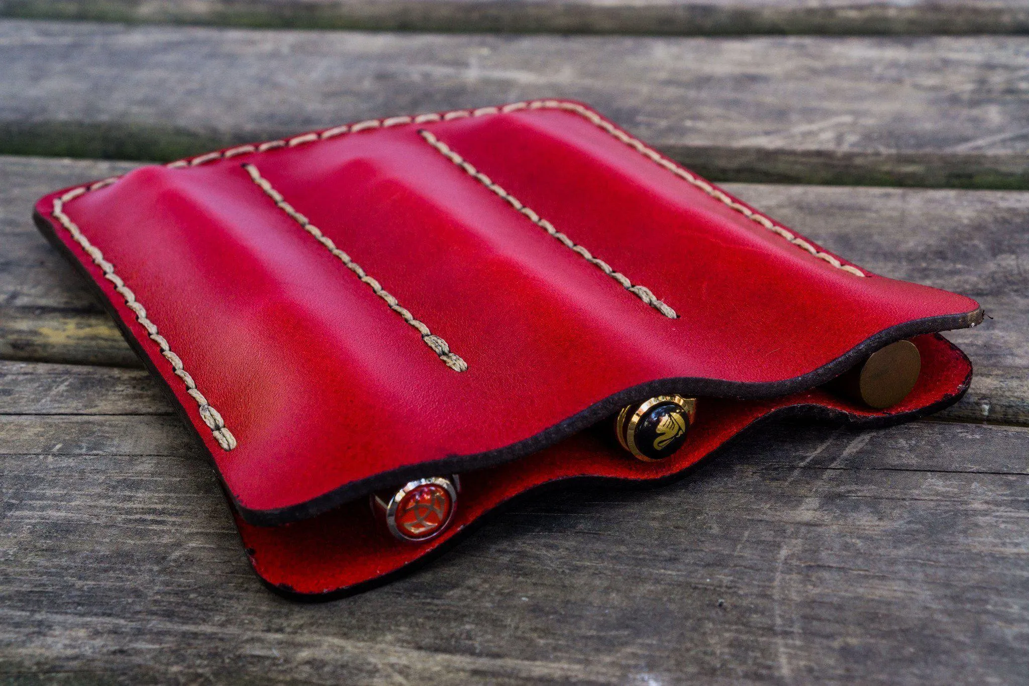 Leather Triple Fountain Pen Case / Pen Pouch - Red