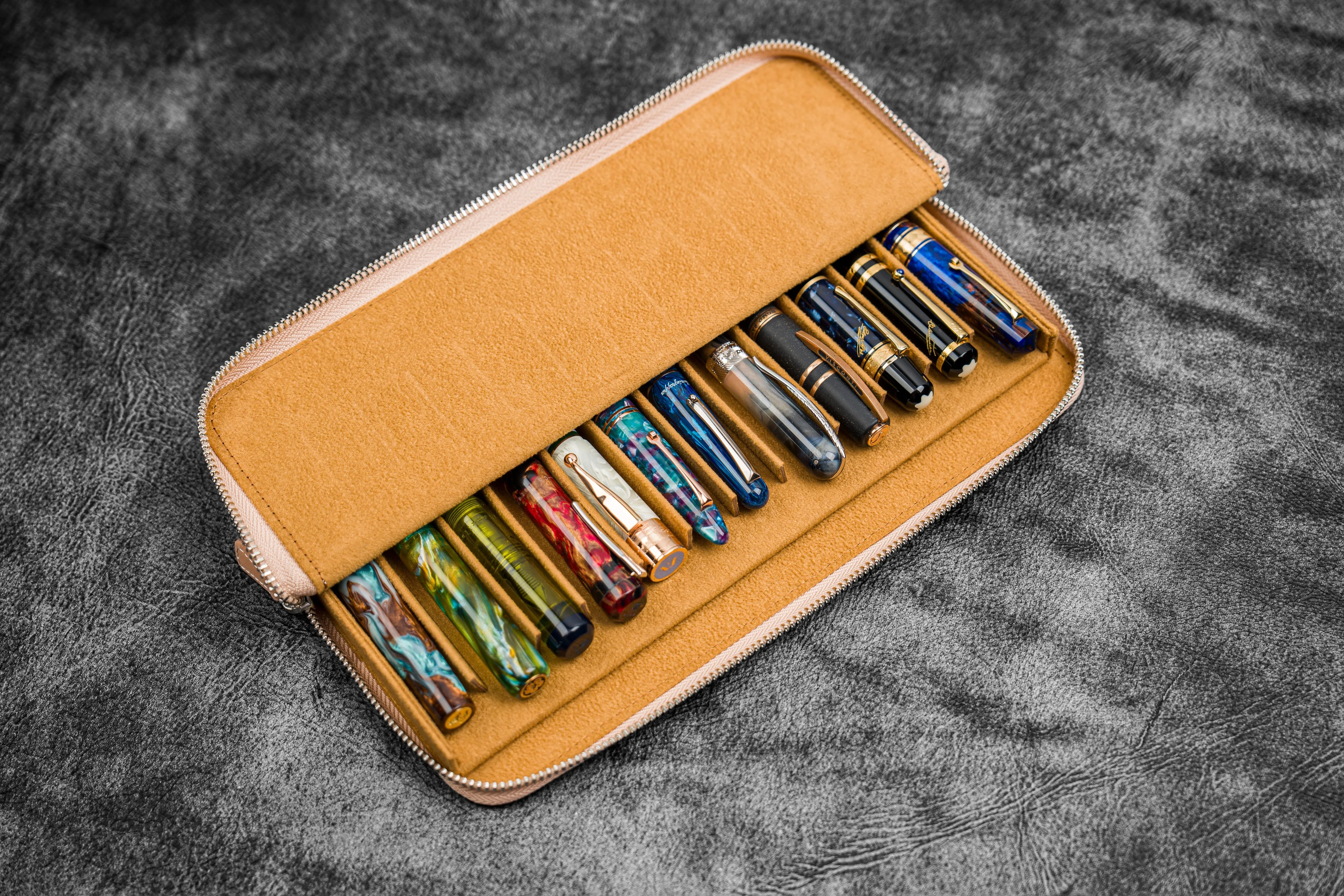 Leather Zippered Magnum Opus 12 Slots Hard Pen Case with Removable Pen Tray - Undyed Leather