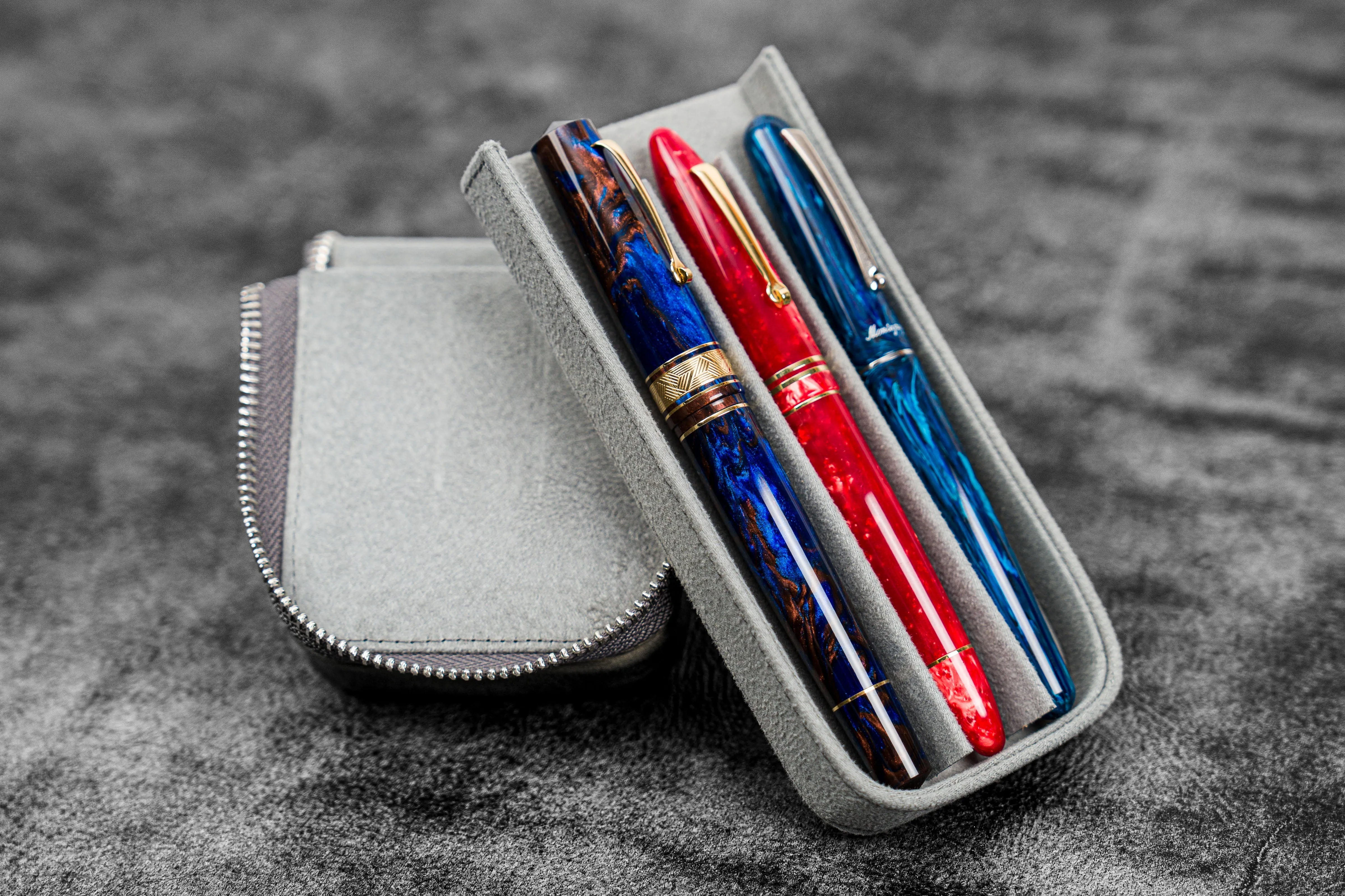 Leather Zippered Magnum Opus 3 Slots Hard Pen Case with Removable Pen Tray - Crazy Horse Smoky