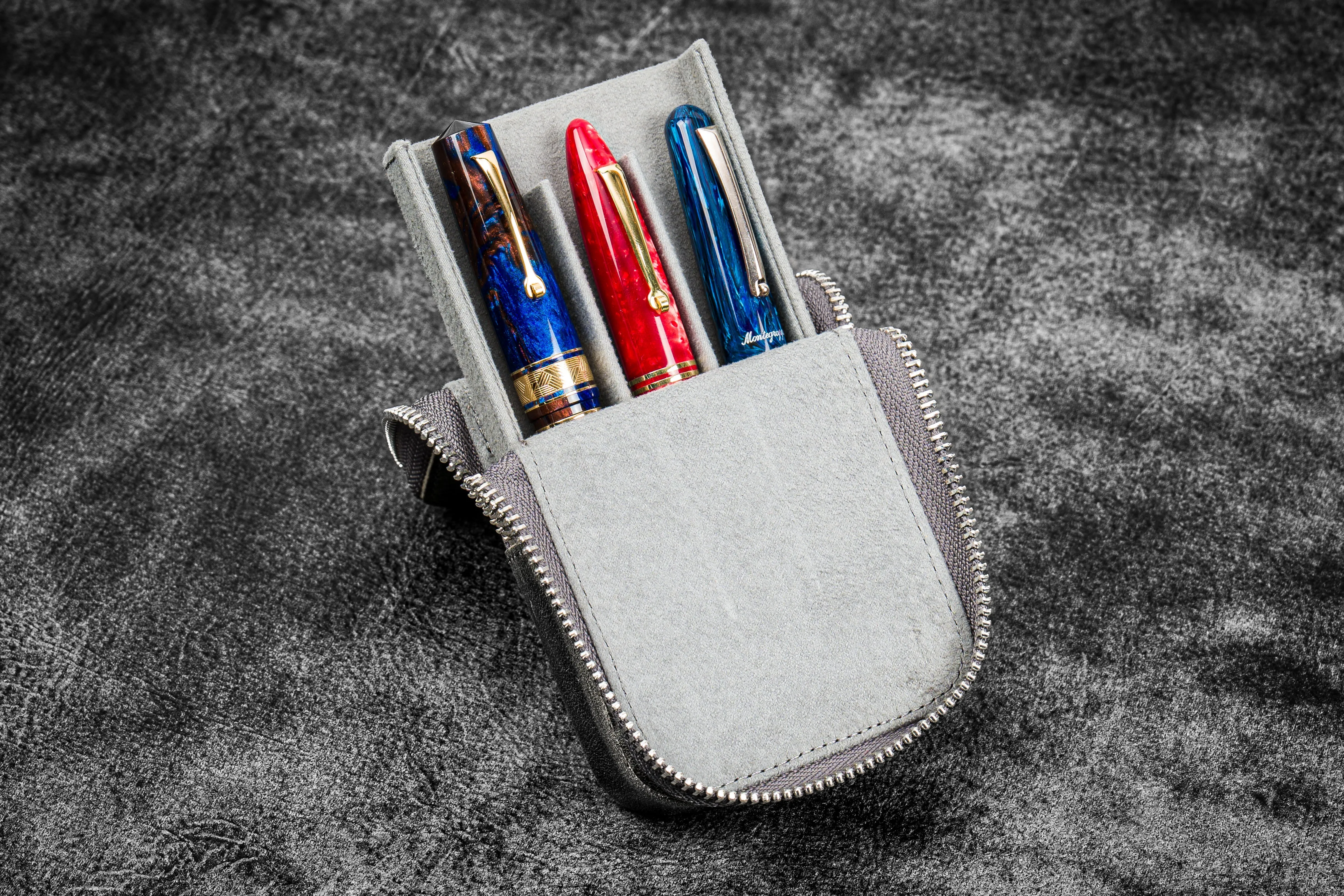 Leather Zippered Magnum Opus 3 Slots Hard Pen Case with Removable Pen Tray - Crazy Horse Smoky