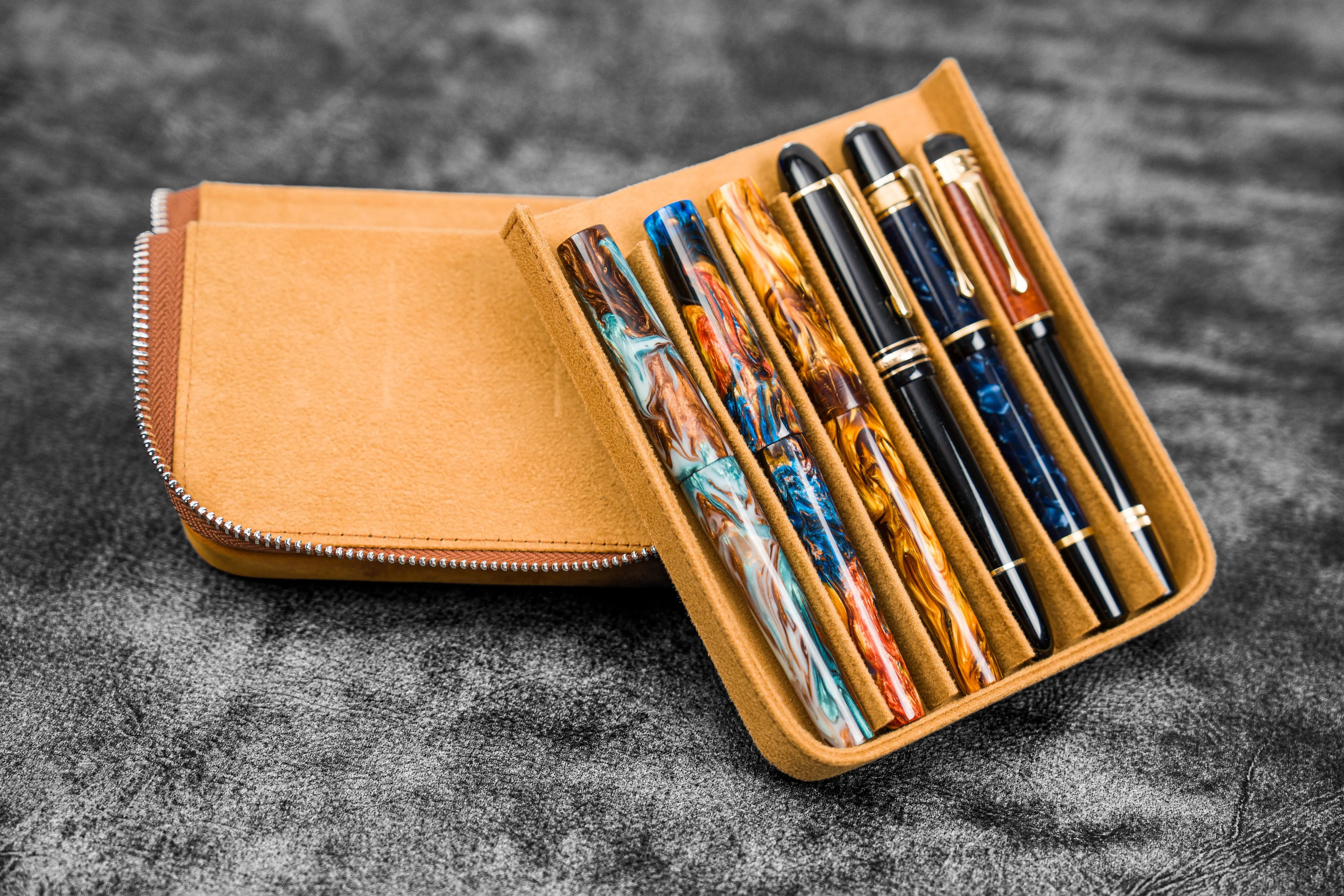 Leather Zippered Magnum Opus 6 Slots Hard Pen Case with Removable Pen Tray - Crazy Horse Brown