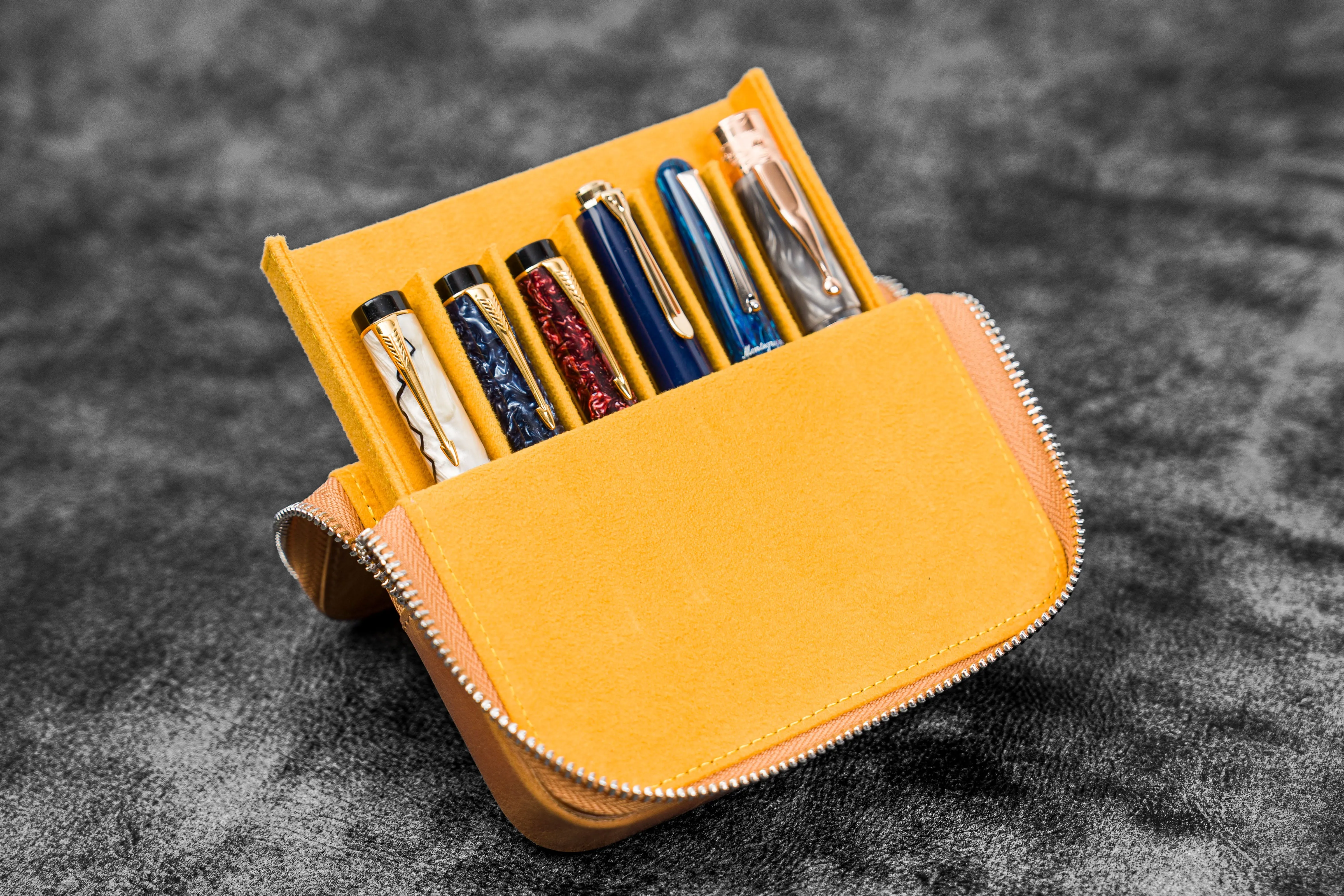 Leather Zippered Magnum Opus 6 Slots Hard Pen Case with Removable Pen Tray - Crazy Horse Honey Ochre