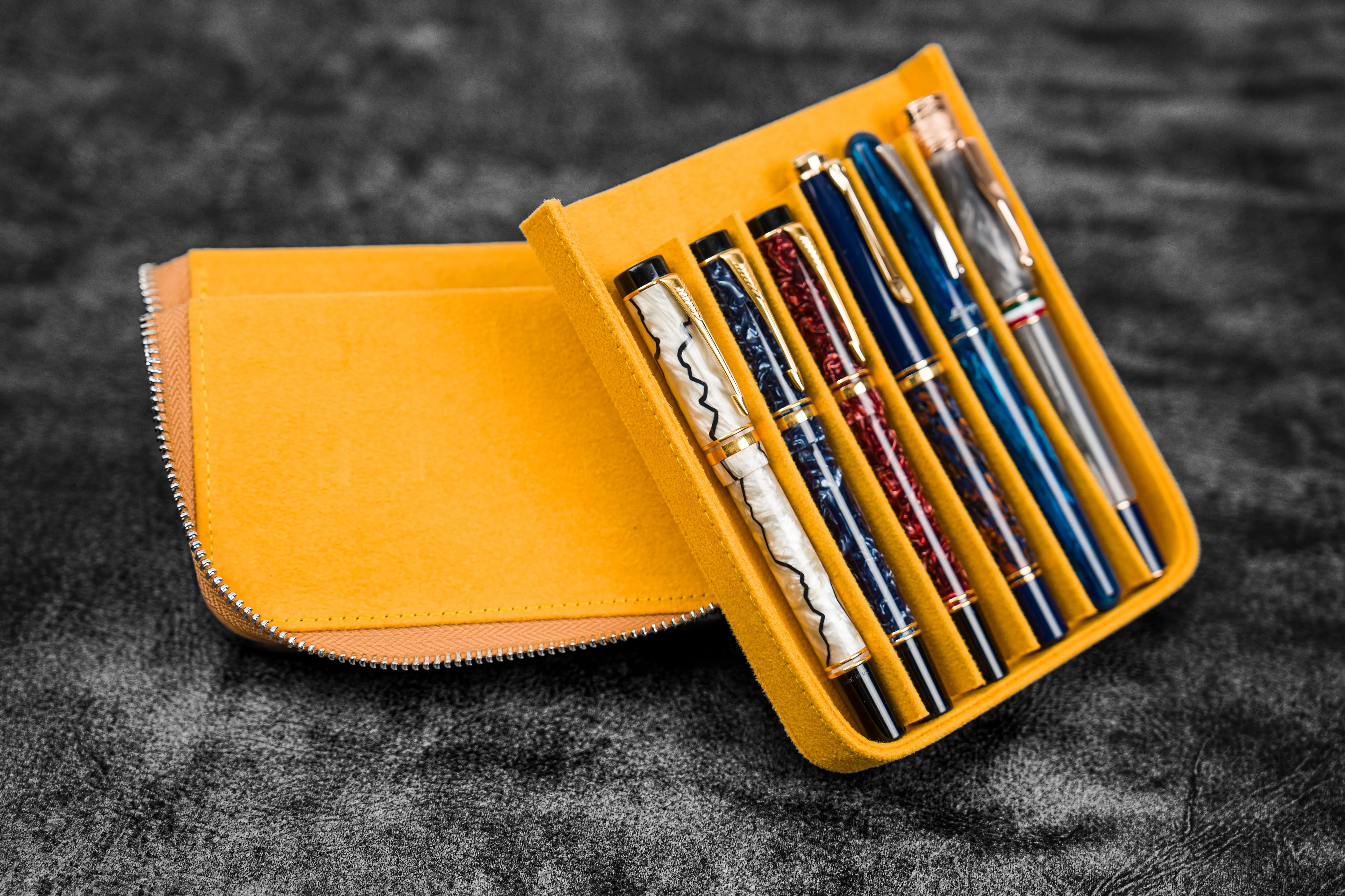 Leather Zippered Magnum Opus 6 Slots Hard Pen Case with Removable Pen Tray - Crazy Horse Honey Ochre