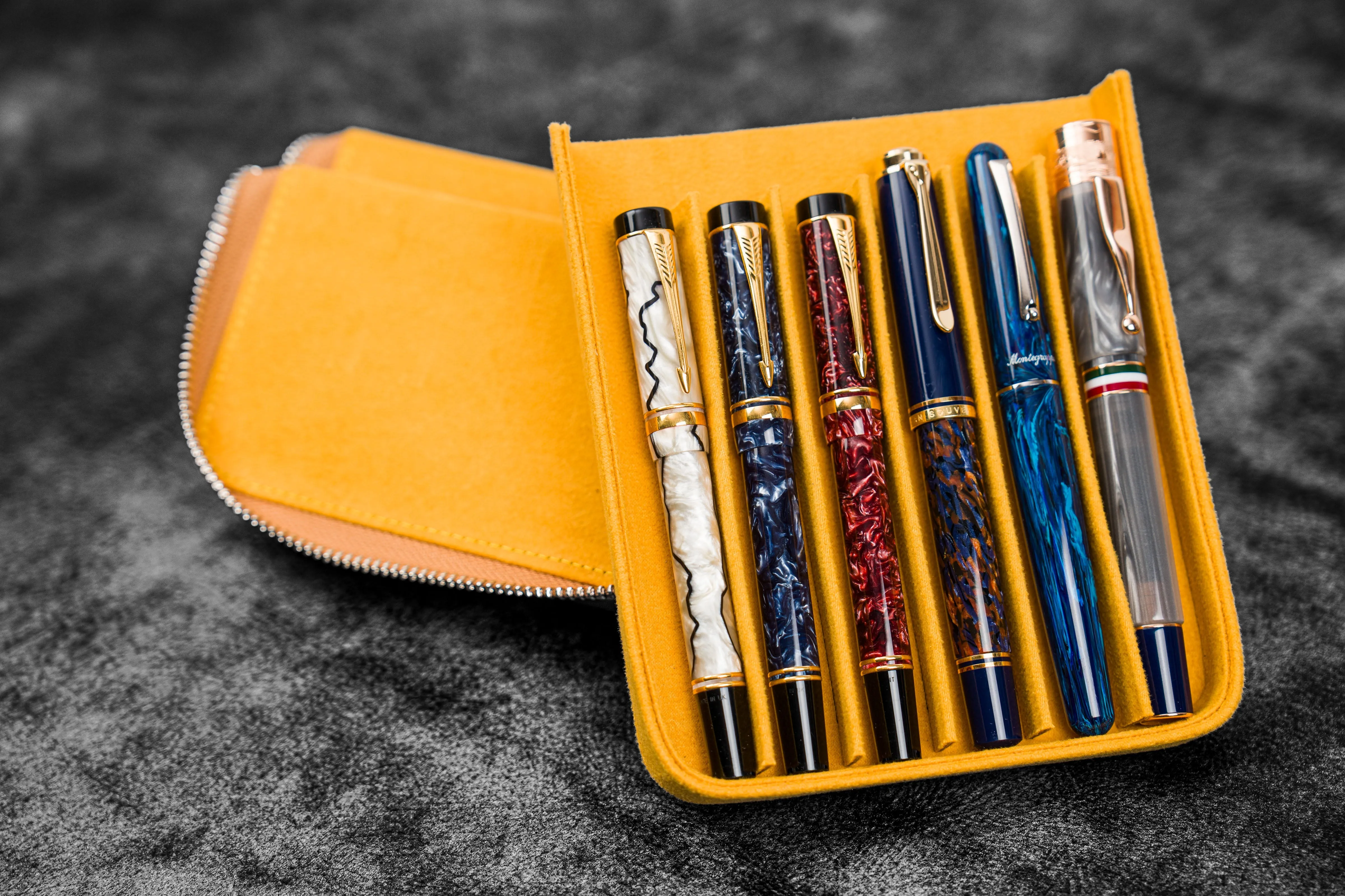 Leather Zippered Magnum Opus 6 Slots Hard Pen Case with Removable Pen Tray - Crazy Horse Honey Ochre