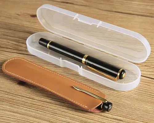 Luxury Leather Single Pen Holder with Transparent Case - Gold