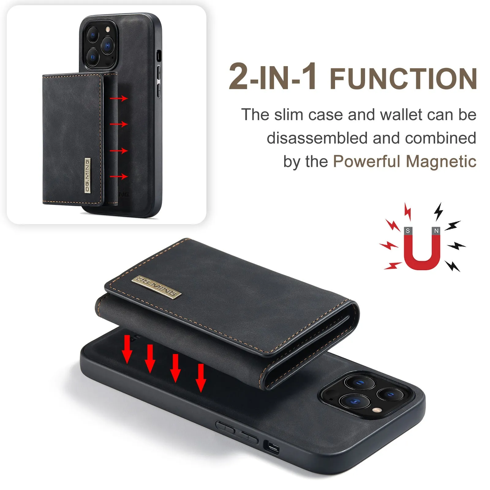 Magnetic 2 In 1 Detachable Leather Phone Case With Card Case For iPhone