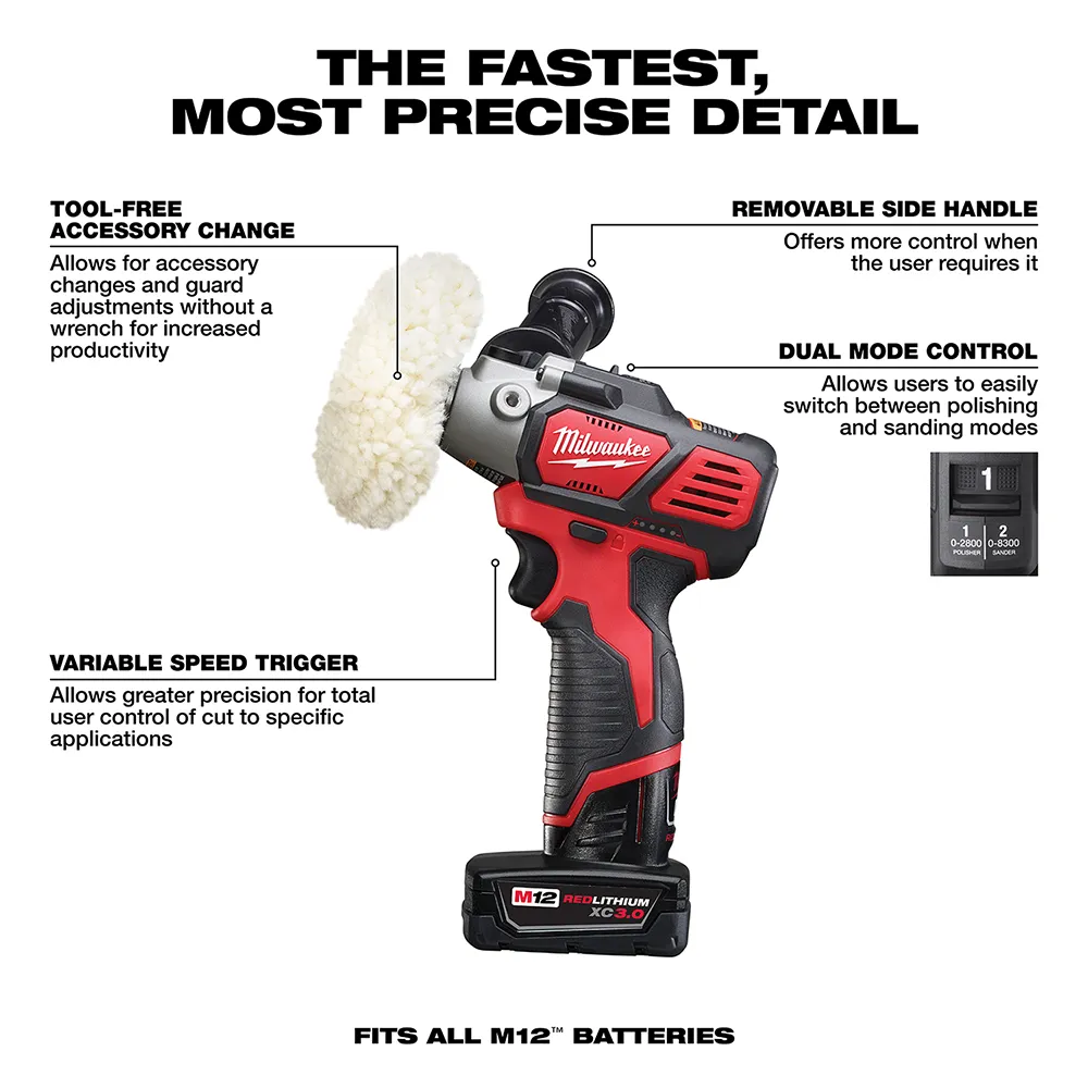 Milwaukee M12 12 Volt Lithium-Ion Cordless Variable Speed Polisher/Sander Xc/Compact Battery Kit