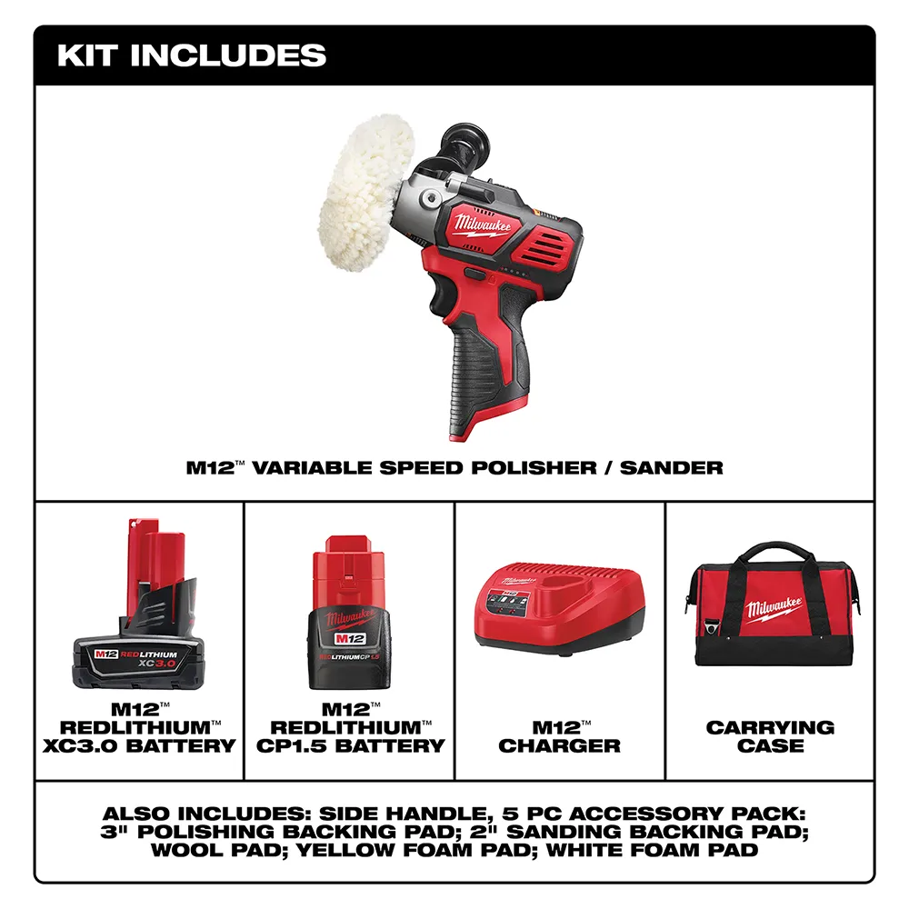 Milwaukee M12 12 Volt Lithium-Ion Cordless Variable Speed Polisher/Sander Xc/Compact Battery Kit