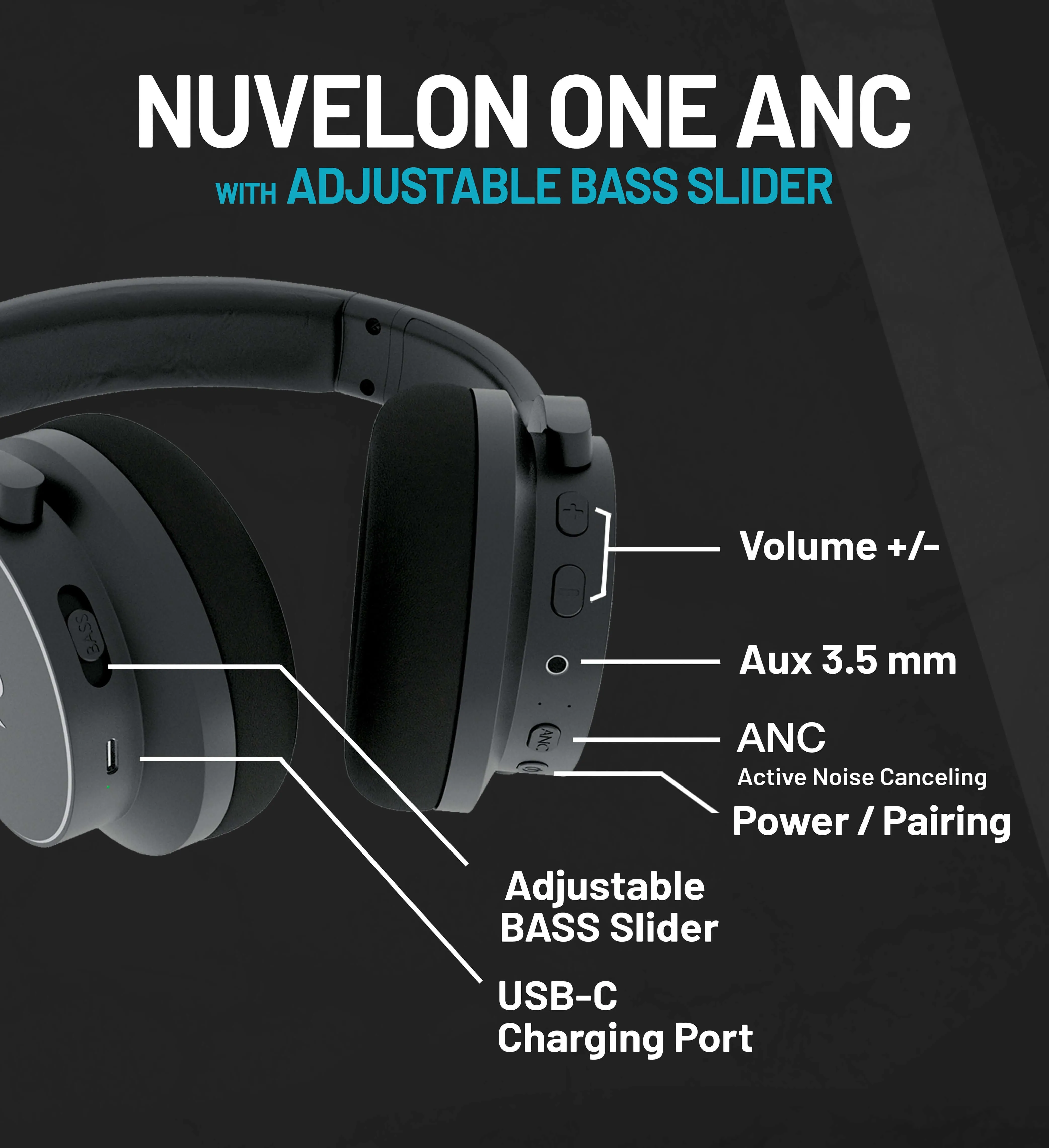 Nuvelon ONE Adjustable BASS Wireless Noise-Canceling Headphones