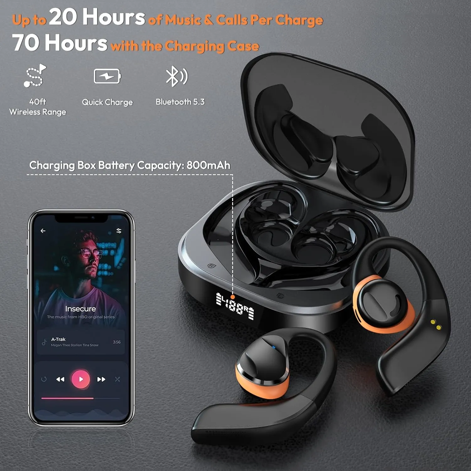 Open Ear Headphones LK08, Air Conduction Headphones Bluetooth 5.3 Touch Control Wireless Earbuds, up to 70 Hours Playtime Earphones with Dual 16.2Mm Dynamic Drivers Deep Bass