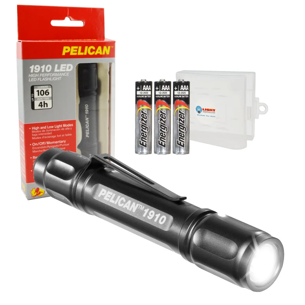 Pelican 1910 Flashlight Compact LED Pocket Light, Black w/ 3 AAAs & Battery Case